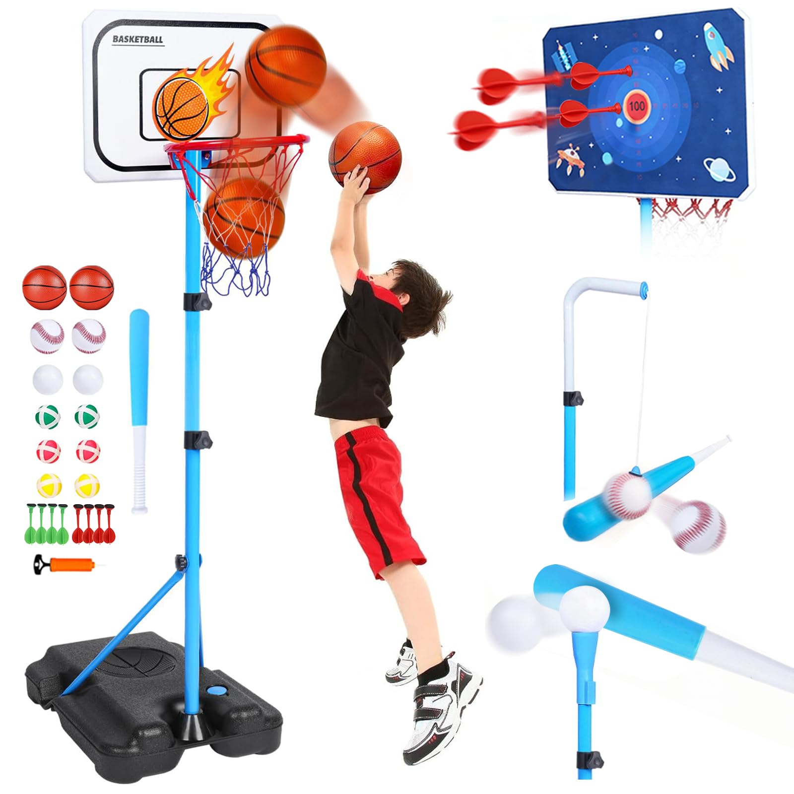 4 en 1 Canasta Baloncesto Infantil Ajustable Canasta de Baloncesto para Niños con Dardos y Juego de Béisbol, T-Ball Colgante y Soporte Interior y Exterior Juguete Deportivo 3-12 Años