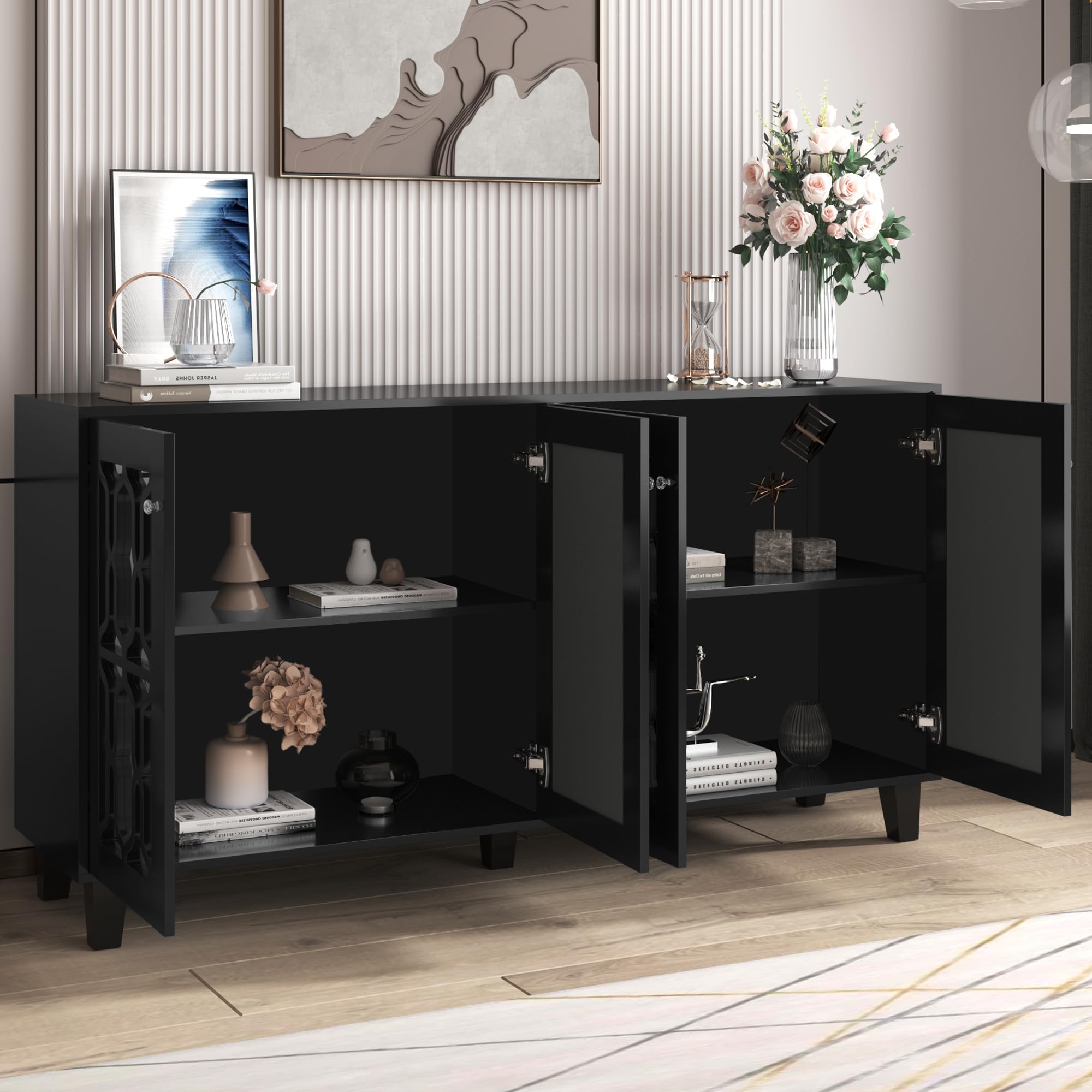 Credenza a specchio nera a quattro ante, con manici in cristallo fresco, con laminato mobile, per soggiorno e sala da pranzo, 160 x 40 x 84 cm