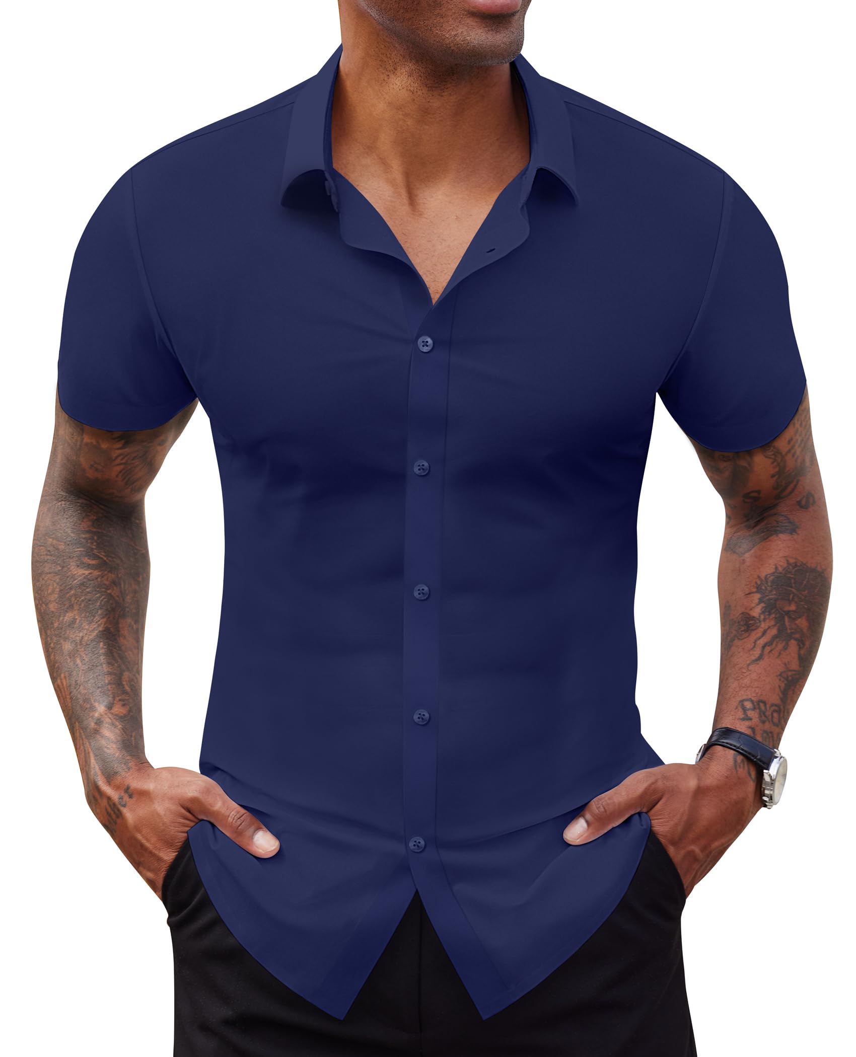 Lion Nardo Stretch Dress Shirts for Men Short Sleeve Slim Fit Casual Button Down Shirts Muscle Fit Men's Dress Shirts