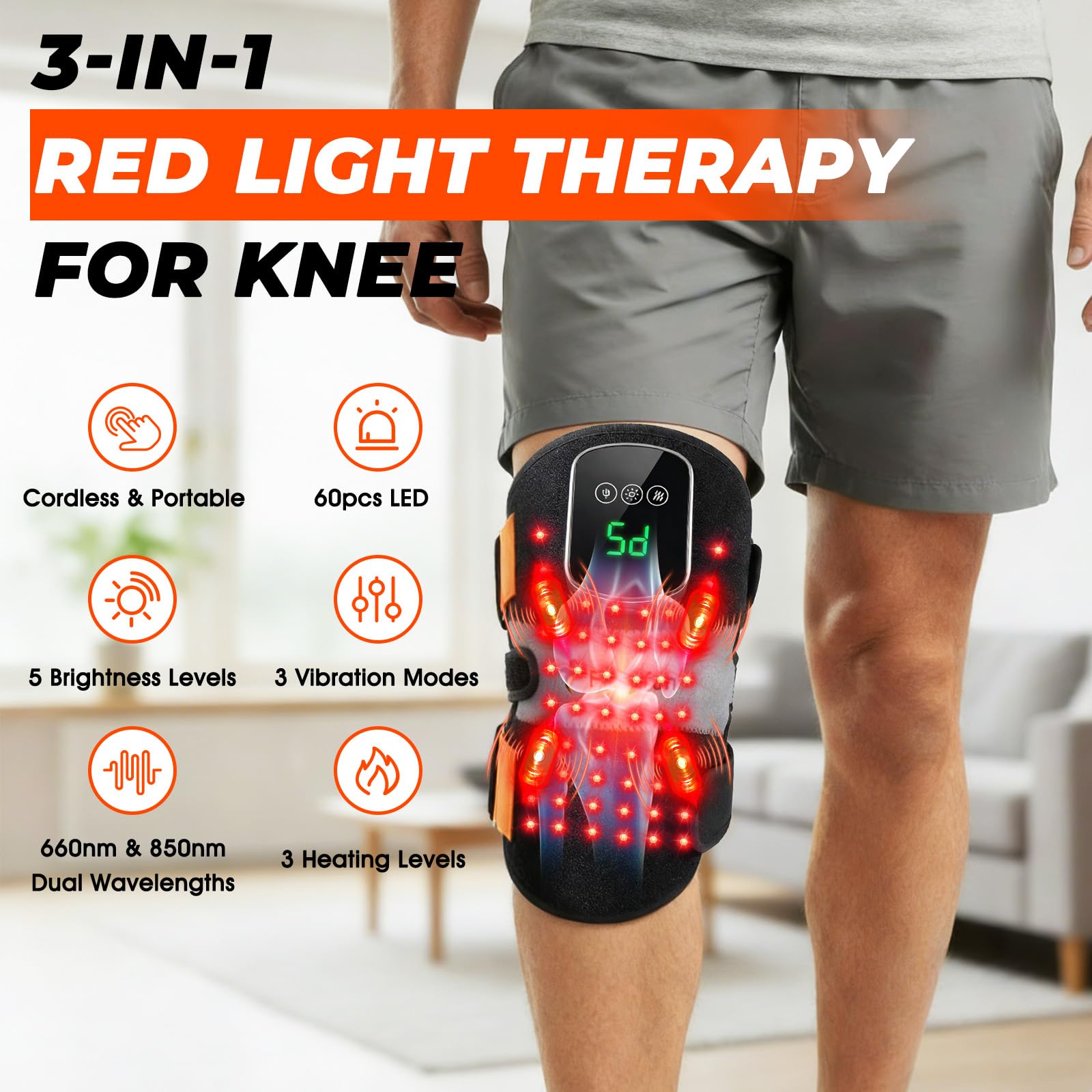 Rodillera de terapia de luz roja con calor y vibración, masajeador inalámbrico de 60 LED infrarrojo cercano con longitudes de onda dobles de 660 nm y 850 nm, envoltura de rodilla recargable