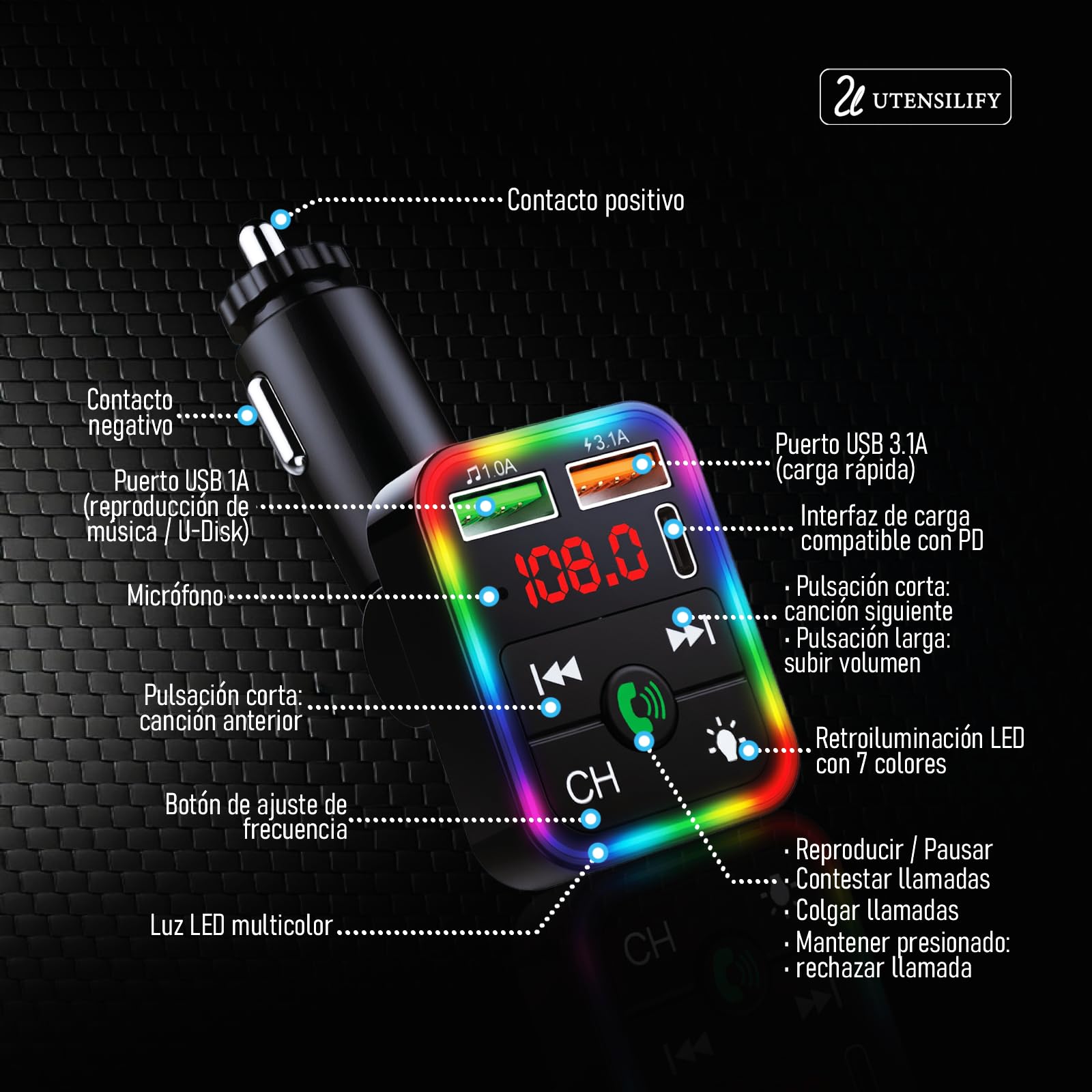 | UTENSILIFY® Transmisor FM Bluetooth Coche Premium | Bluetooth Coche + Cargador Ultra RÁPIDO | Manos Libres | Cargador Carga Rapida|Accesorios Auto | MP3 Reproductor | Bluetooth 5.3 — view 6