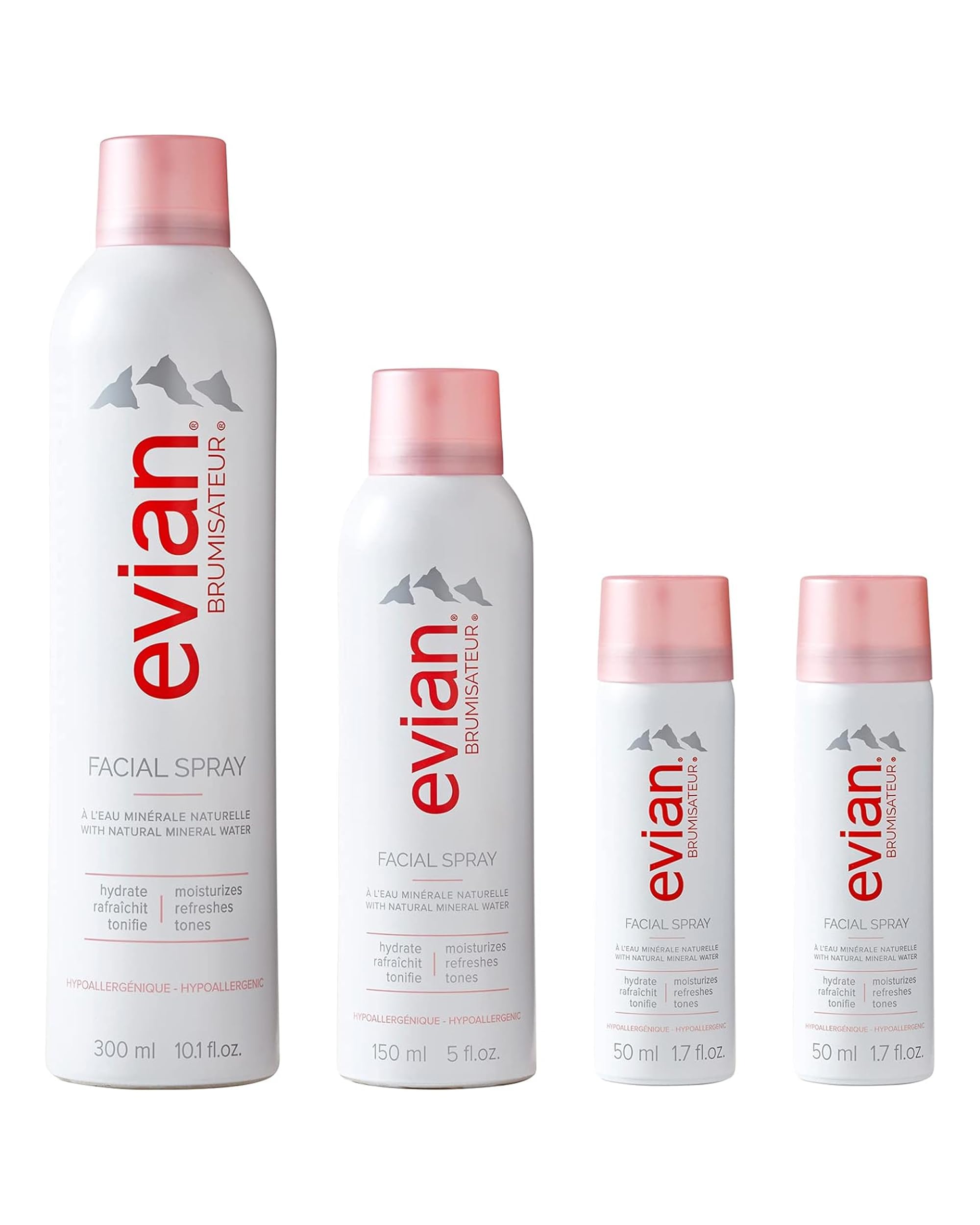 Evian Facial Spray 24/7 Kit - Hydrating Mineral Water Mist for Face & Skin - Refreshes Makeup, Sets, & Tones - Travel-Friendly Sizes for Daily Moisture Boost