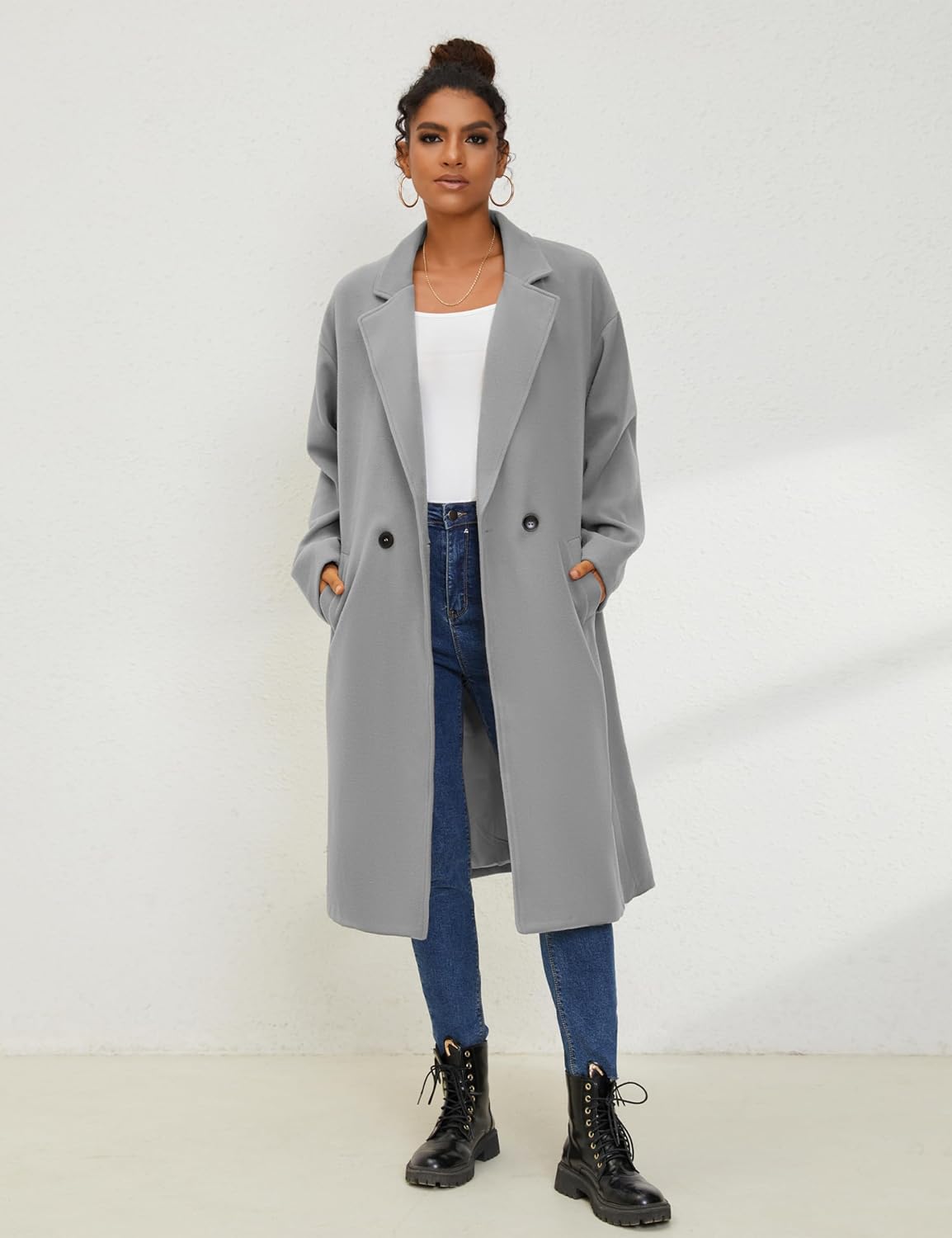 UANEO Women's Wool Blend Coat Oversized Double Breasted Long Trench Overcoat Winter - Image 3