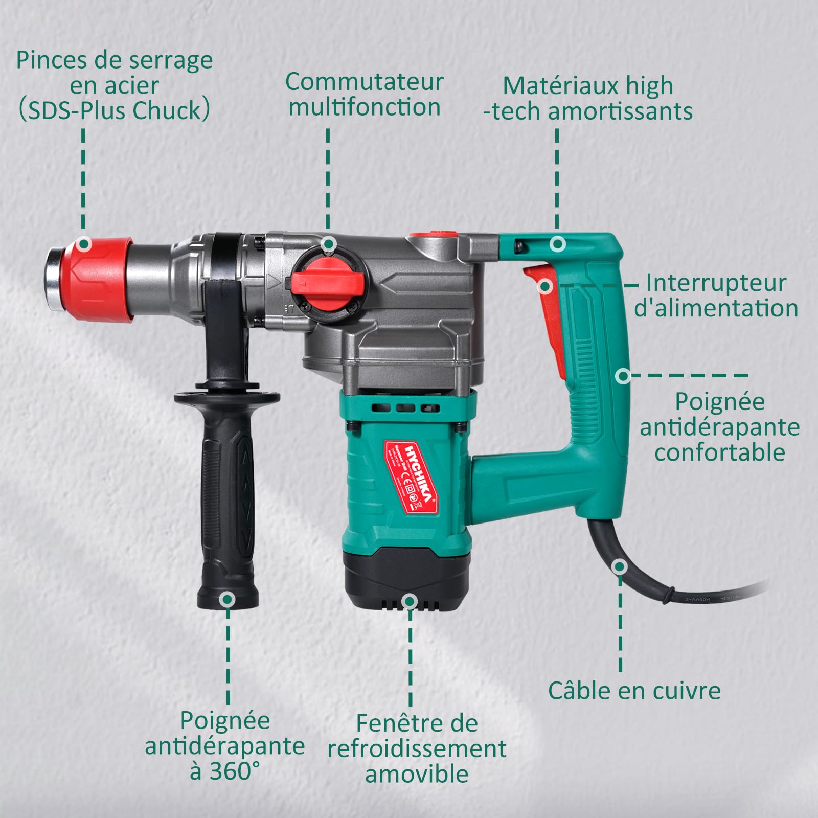 HYCHIKA Perceuse Percussion, Marteau Perforateur avec Embrayage de Sécurité, Perforateur Burineur SDS-Plus, 900W Burineur Electrique Perceuse Beton