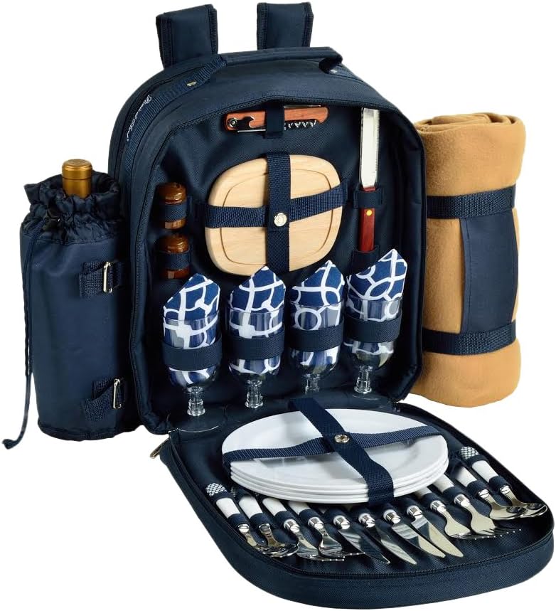 Picnic at Ascot Original Equipped 4 Person Picnic Backpack with Cooler, Insulated Wine Holder & Blanket - Designed & Assembled in the USA