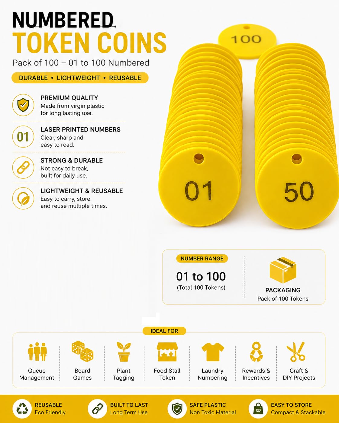 morel Adult & Kid & Youth Embossed Plastic Round Shape Token Coin With Hole Use For Shop, Board Games, Stores, House, School.|1 To 100 Numerical Coins., Yellow 2