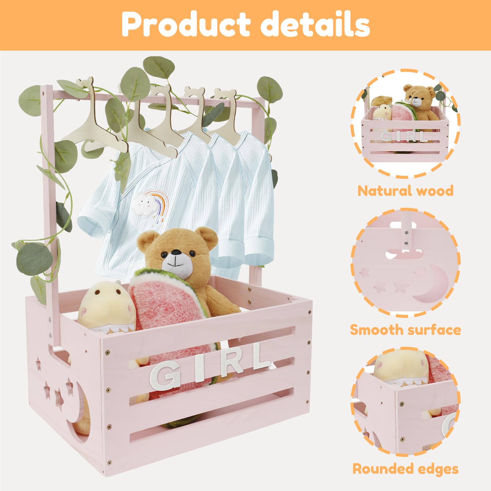 Wooden Baby Shower Crate Closet with Handle Large Capacity Baby Shower Basket Baby Clothes Rack Portable Newborn Baby Storage Crate Hamper Pregnancy Gifts for New Parents(Pink) - Image 2