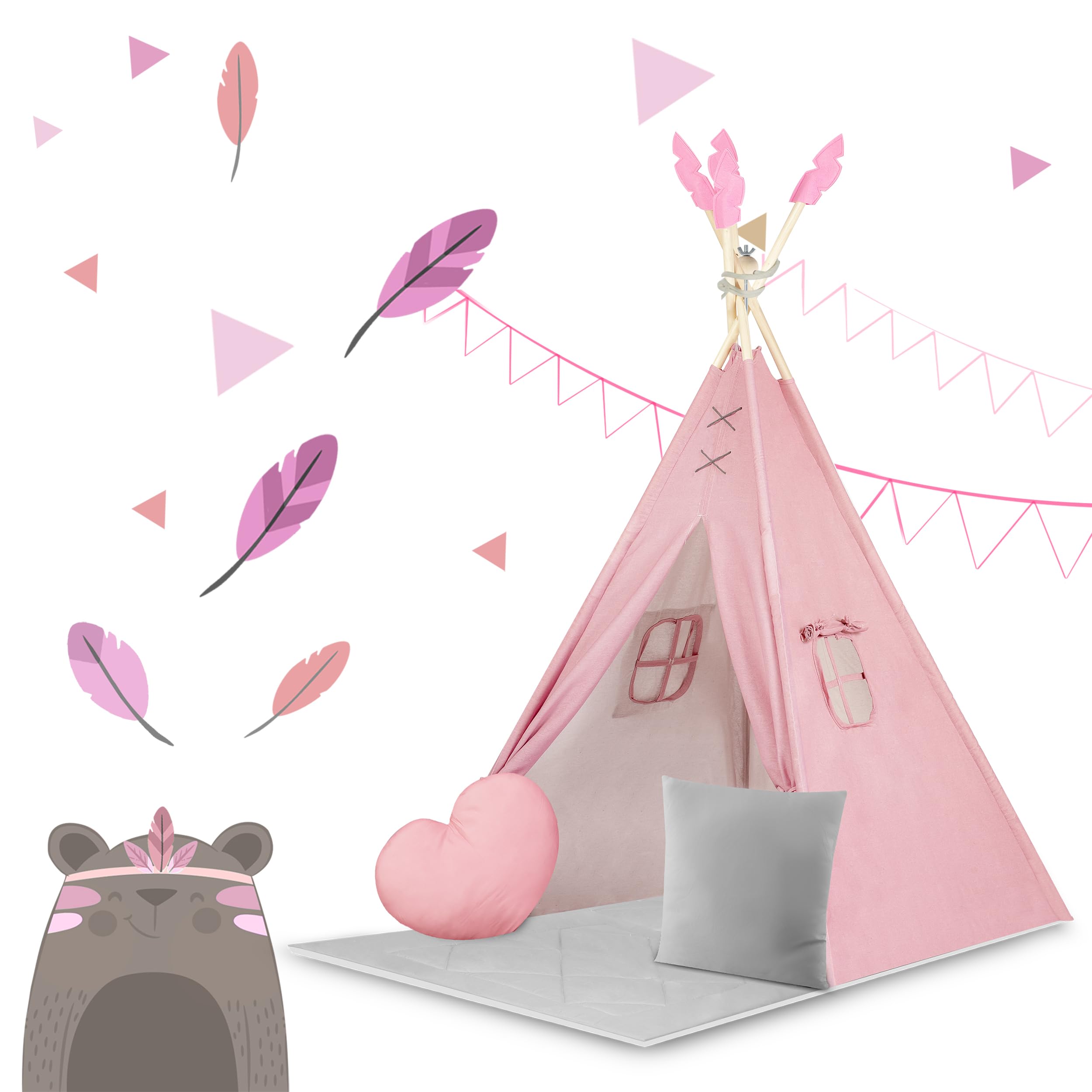 Nukido namiot dla dzieci tipi teepee wigwam z girlandą, poduszkami, dużą matą i stabilizatorem różowo-szary