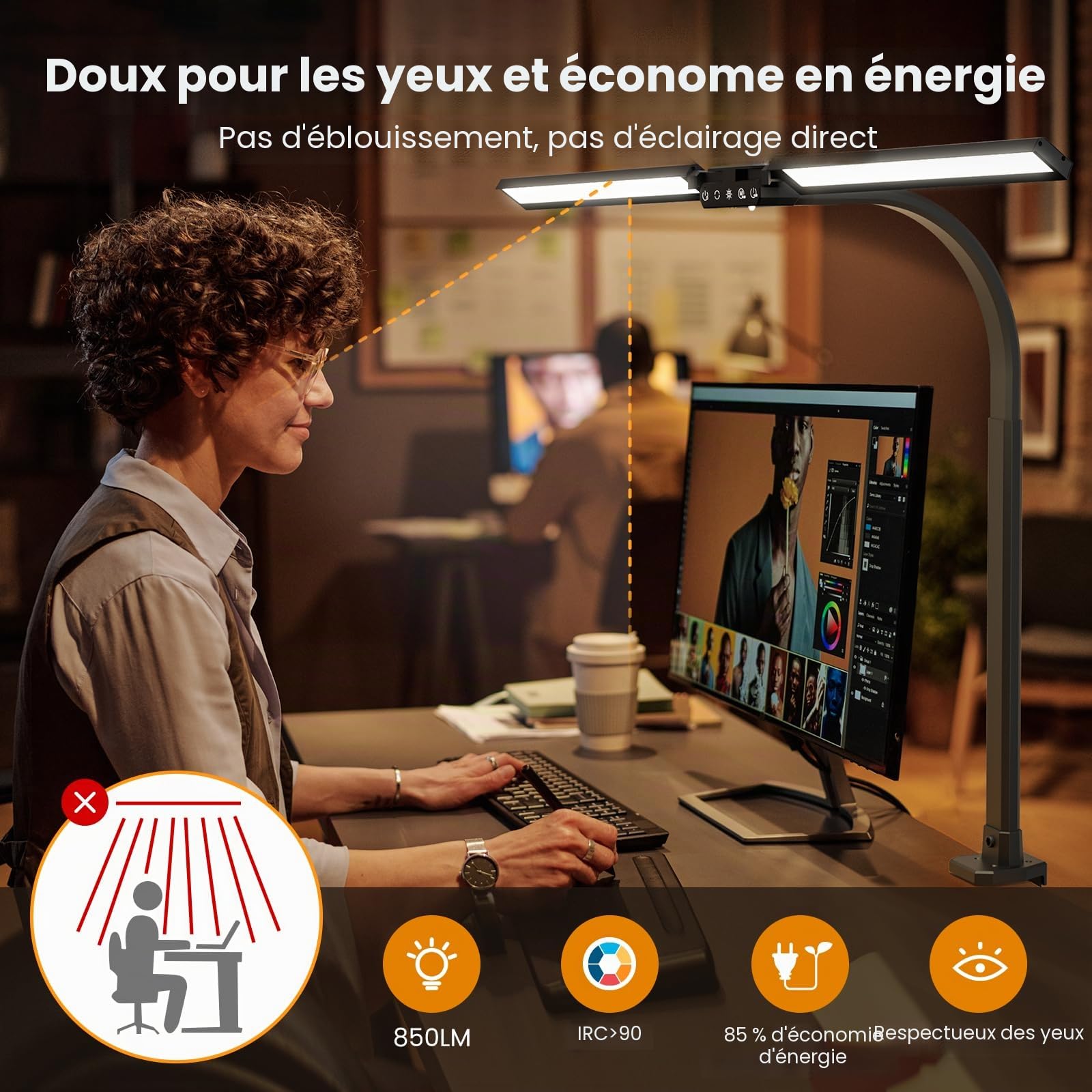 SIBRILLE Lampe de Bureau LED à Double Tête, 22W 80cm Lampe de Table à Clipser avec Télécommande, 5 Températures de Couleur&Luminosité Lanterne de Lecture Rotative pour Design,Lecture,Ecran