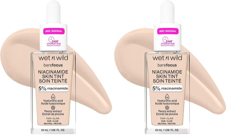 wet n wild Bare Focus Skin Tint com niacinamida 5%, ácido hialurônico, extrato de peônia e vitamina E, tom Fair, pacote com 2