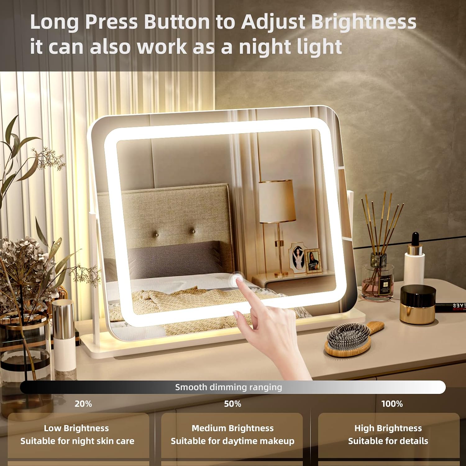 PRIMETEK Makeup Vanity Mirror with Lights - Large Lighted Mirror for Desk, Bedroom, Dressing Room Tabletop, Light Up Mirror with Dimmable 3-Color Led, Magnification, Memory Function, White, 22"Lx19"H