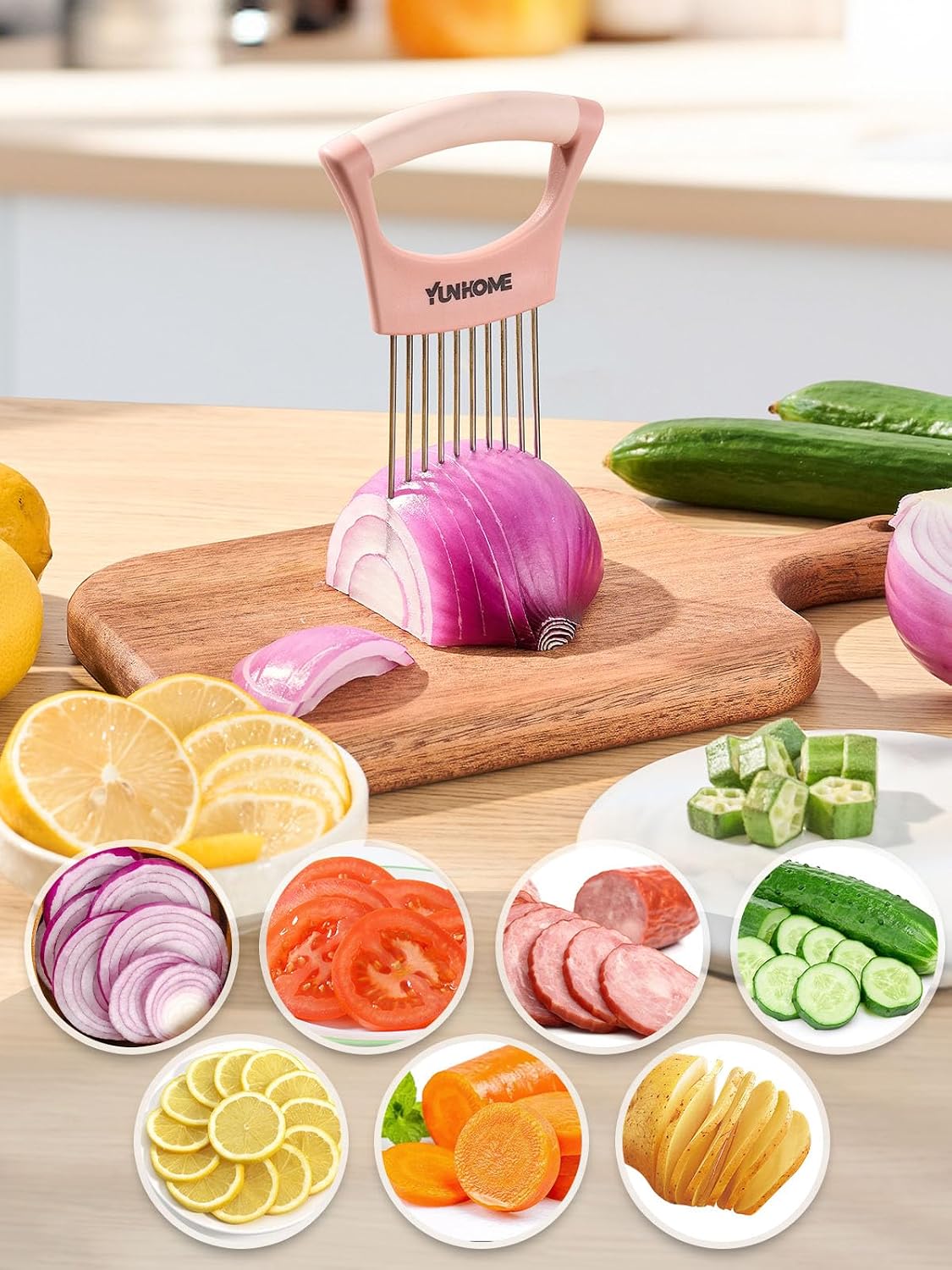 Onion Holder for Slicing, Stanless Steel Onion Slicer Holder, Avocado Slicer Tomato Cutter for Slicing, Vegetable Cutter for Potato and Lemon, Assistant Kitchen Gadgets Utensils Tool for Fruit image 5