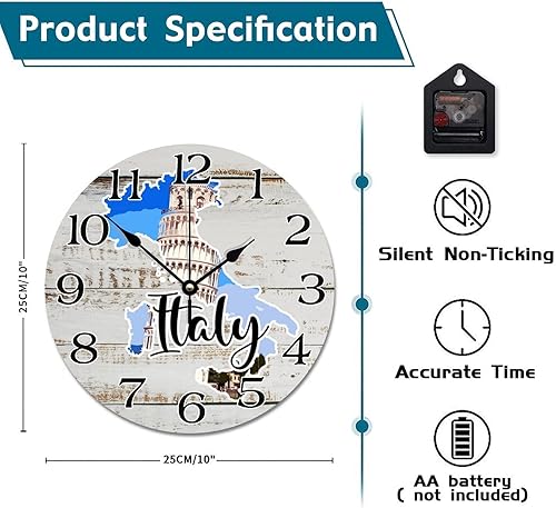 Miniatura 6 de Reloj de pared de viaje con mapa de Italia, atracciones turísticas, relojes de pared redondos de 10 pulgadas, funciona con pilas, silencioso, sin