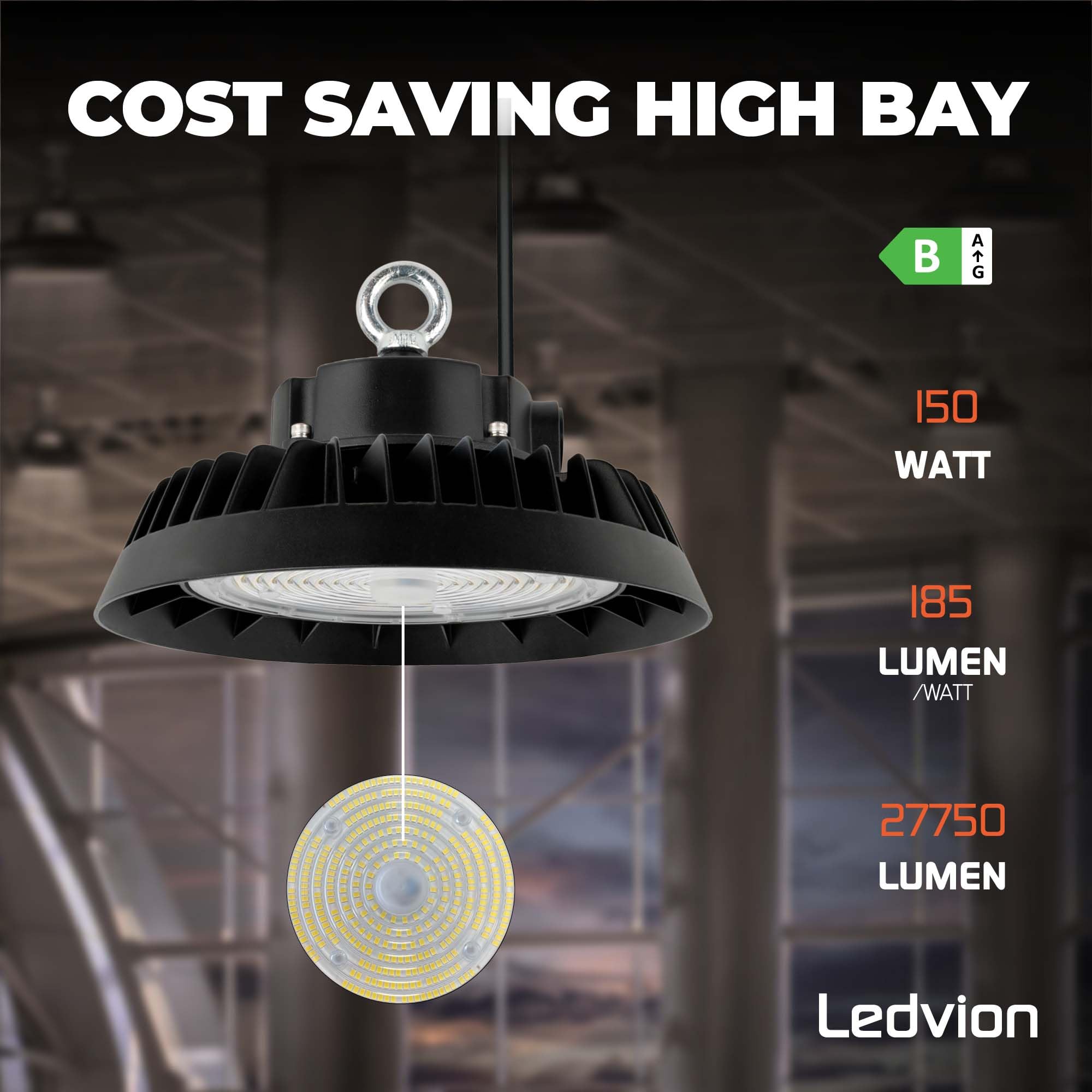 Ledvion - LED Lámpara de Alta Bahía, IP65, 150-130-110W, 185 lm/W, Driver, 4000K, Regulable, Campana LED UFO, Lámpara de Alta Bahía para Naves Industriales, Almacén, Taller, Garaje