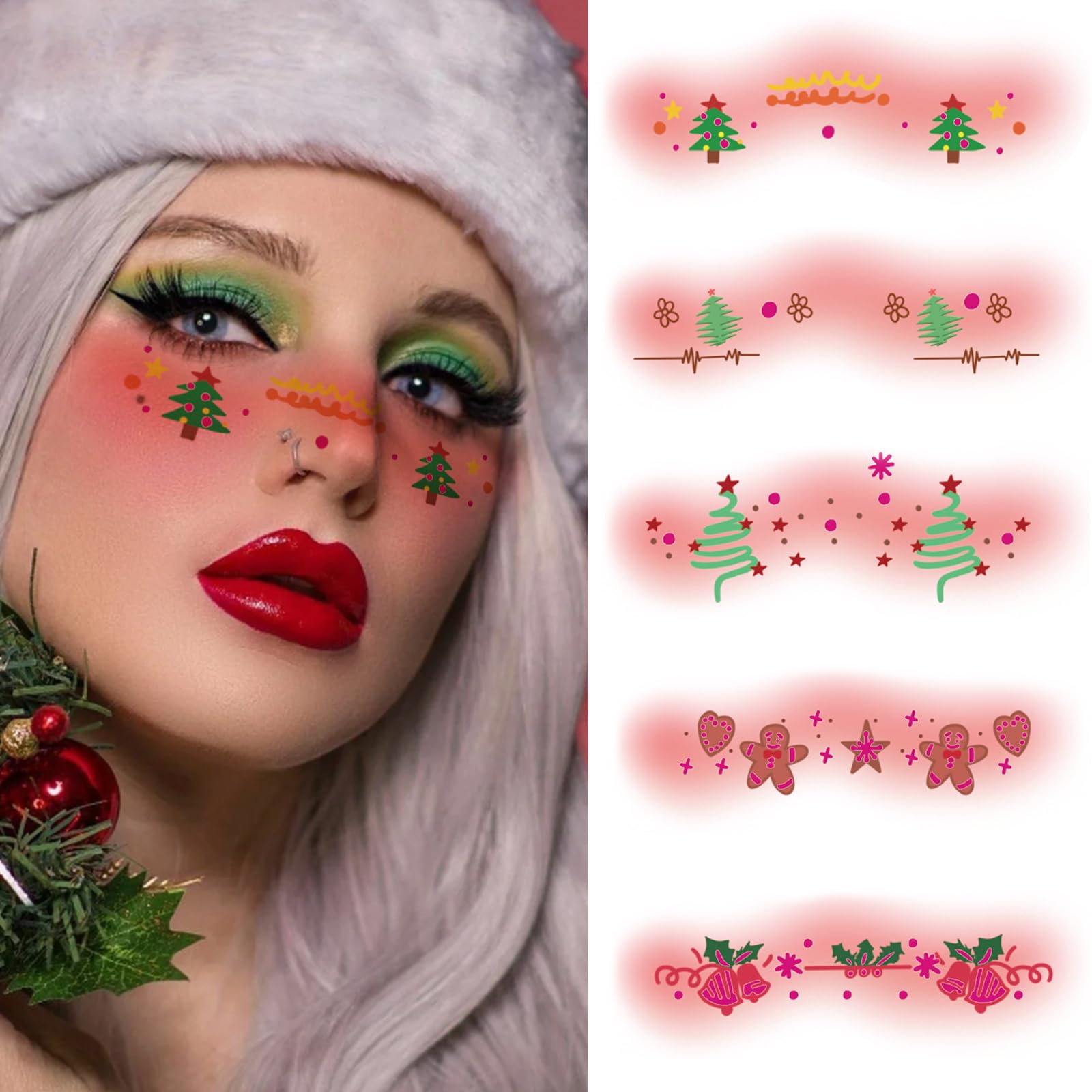 8 Sheets Christmas Blush Face Stickers: Cute Xmas Tree, Gingerbread Man, Bows, Snowflakes Temporary Tattoos Self-Adhesive Face & Body Decal Stage