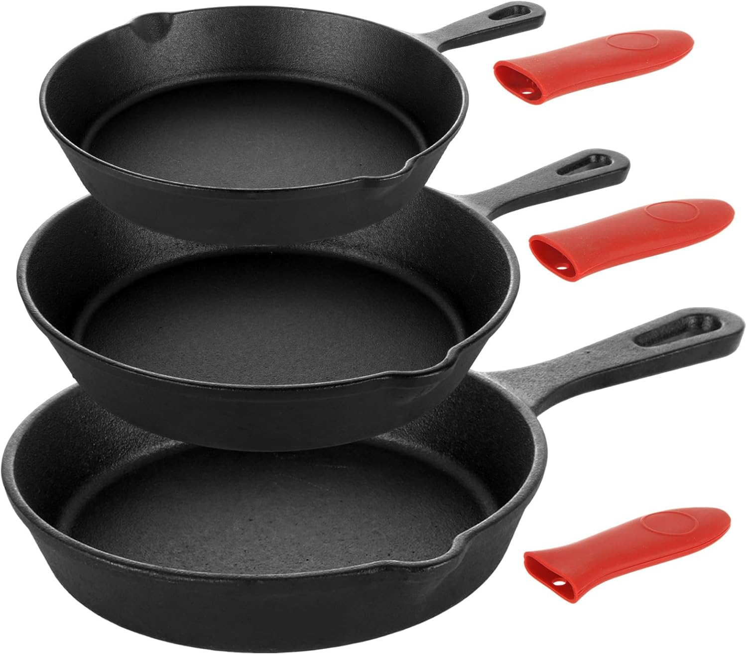 3 PCS Pre-Seasoned Cast Iron Skillet Set, 6", 8", 10" Cast Iron Frying Pan with Silicone Heat-Resistant Handles, Field Skillet Cast Iron Pans for Cooking, Frying, Saute, Cooking, Pizza - Black