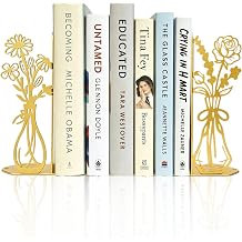 ENCIMART Flower Gold Bookends Metal Book Ends for Shelves Decorative
