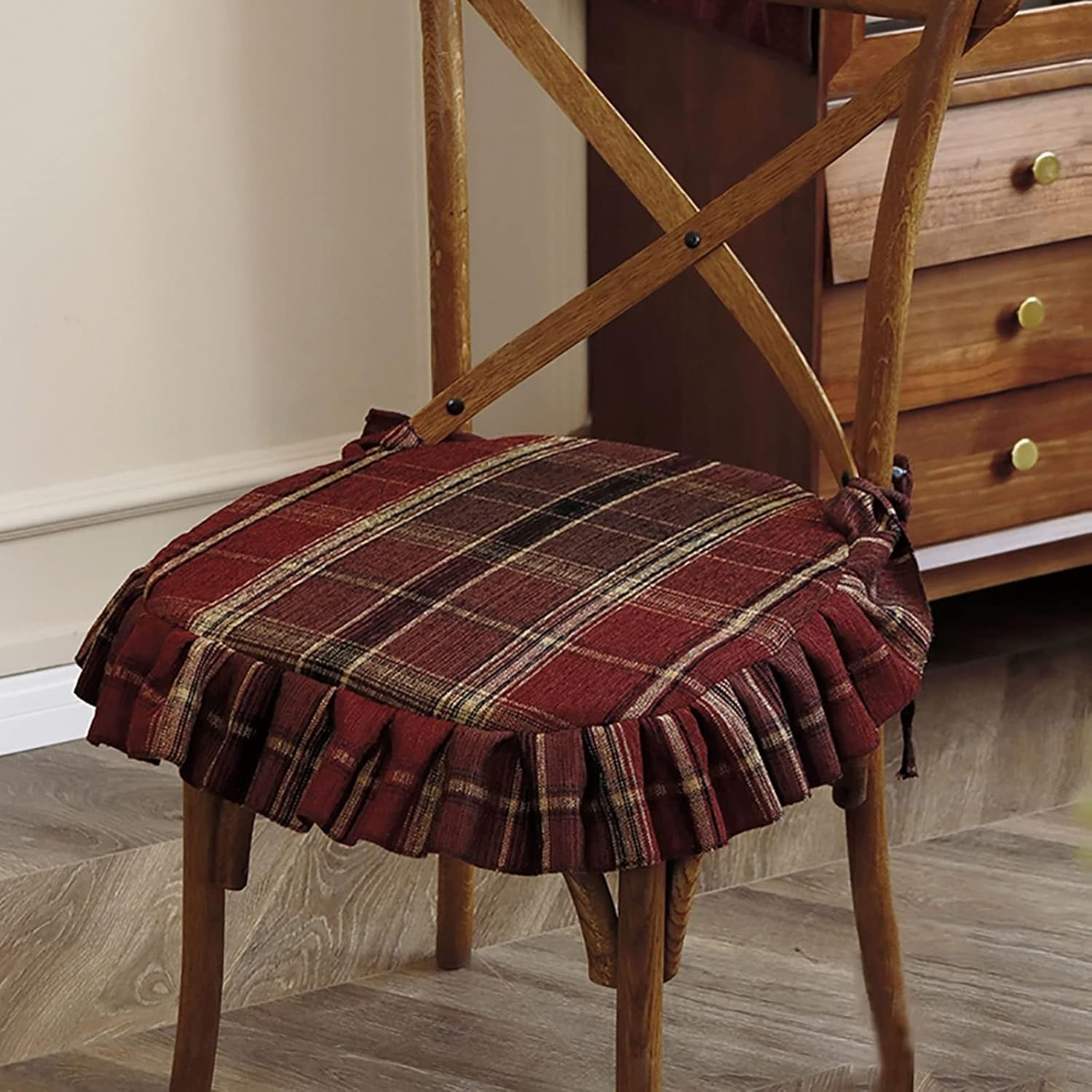 U Shaped Ruffled Chair Cushion with Ties Country Style Checked Kitchen Dining Chair Pad Non Slip Seat Cushion with Removable Cover, Green