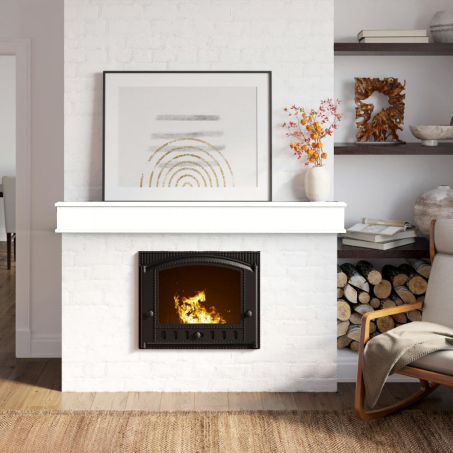 Photo 1 of 60 Inch Fireplace Mantel - Floating Mantel Wood Shelf - Hollow Distressed Beam and Fireplace Wall Mounted Display Shelving : Ideal for Décor and Electric Fireplaces (White, 60" W x 6" H x 6" D)
