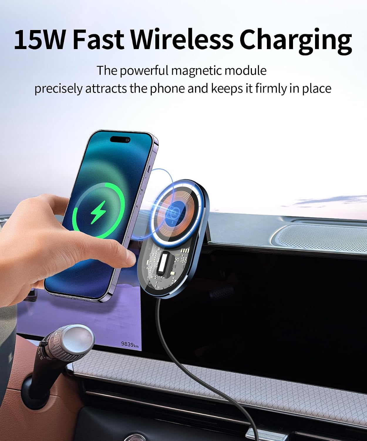 Wireless Charging Car Phone Holder for Genesis GV8/G80 2025, 27" Screen Fixed Clip, 360° Rotation Car Phone Mount Compatible with MagSafe