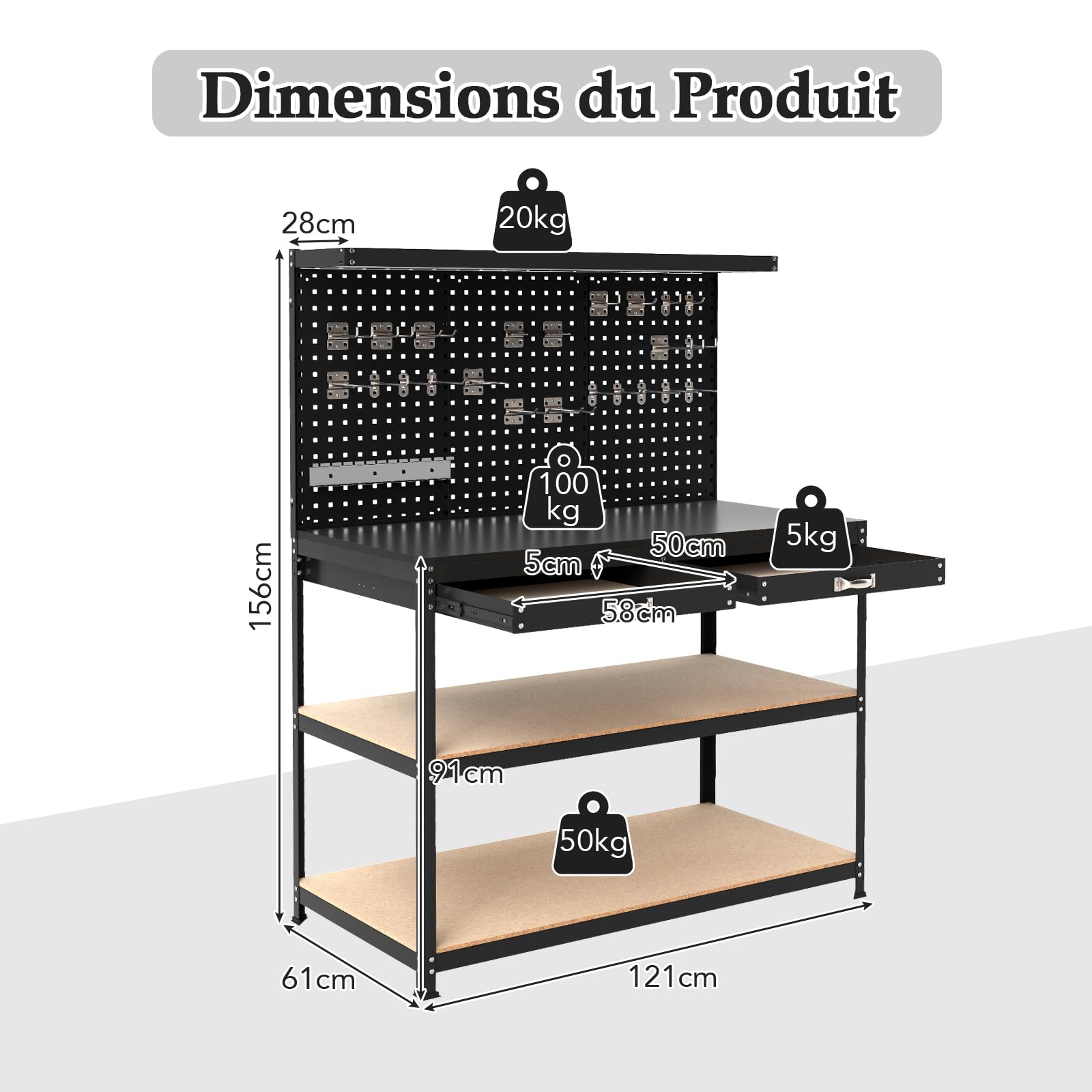 GYMAX Établi Garage Atelier avec Table de Travail, 24 Crochets pour Rangement d'Outils, Panneau Perforé, 2 Tiroirs, 3 Etagères Ouvertes, Charge Max. 230 KG(Noir)
