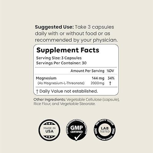 Miniatura 5 de Magnesio L Threonate 2000mg por porción, 30 porciones de grado farmacéutico, sin OMG, sin soja, sin gluten, cápsulas vegetarianas - Suplemento para