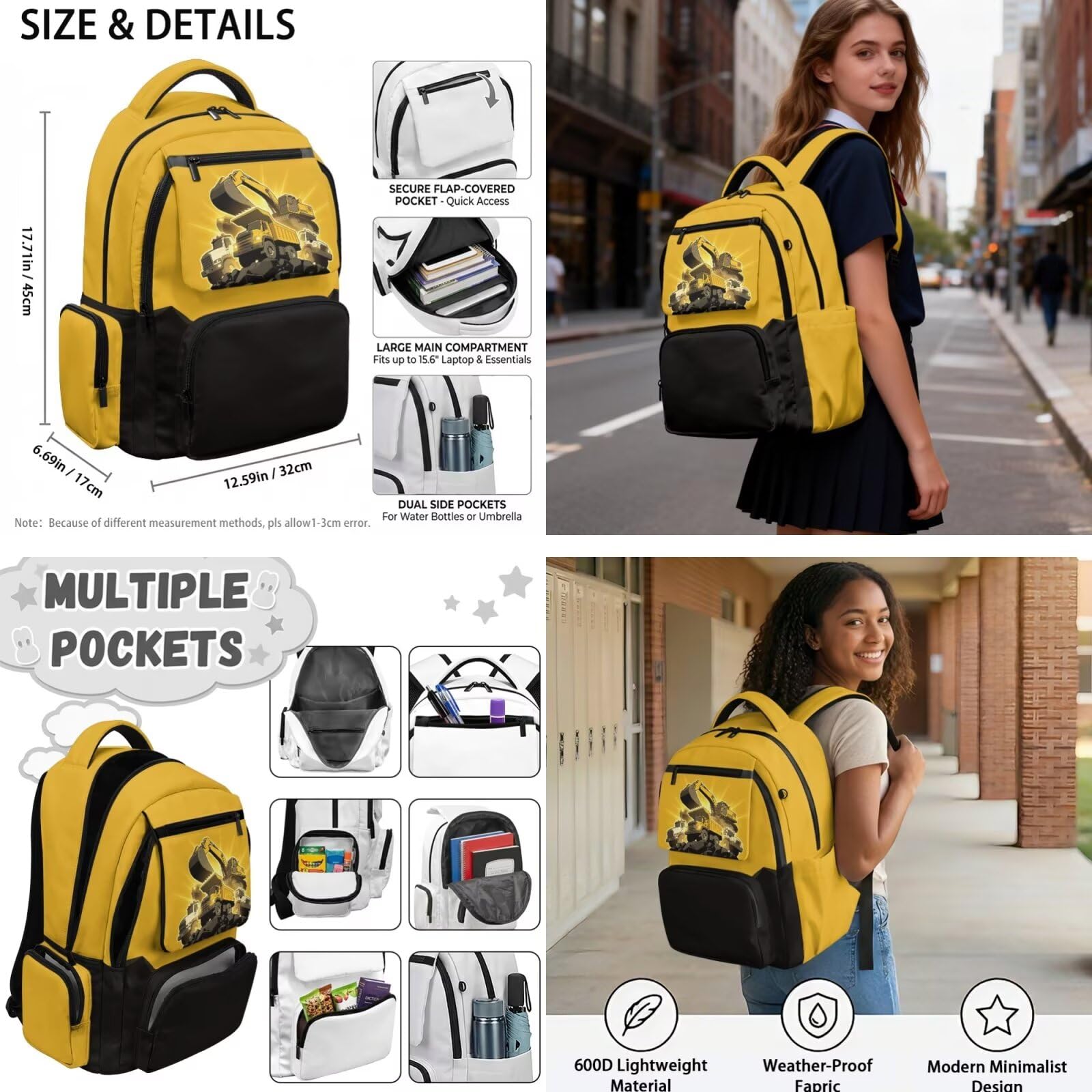 Dolyues Dinosaurier-Rucksack mit Lunchbox für Jungen, 4. Klasse, Schulanfang, Büchertasche für Grundschulkinder, Alter 8–10 Jahre, 4 Stück, Bagger, Tagesrucksack