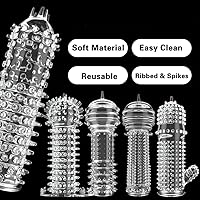 Vista 8 de Funda de silicona para el pene reutilizable, con textura elástica, con tachuelas, juego de mangas elásticas para el pene, anillos para el pene