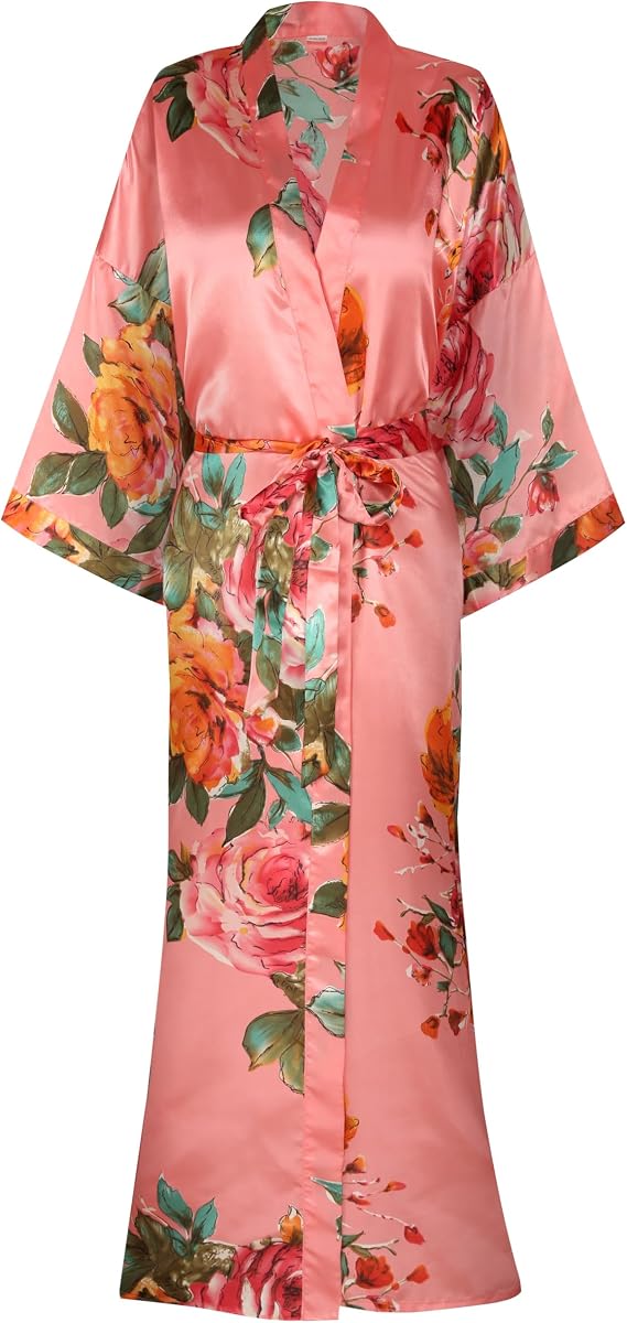Women Silk Kimono Robe Long Floral Bridesmaids Robes Satin | Wedding Party Bridal Getting Ready Robe Lightweight Dressing Gown Loungewear Sleepwear