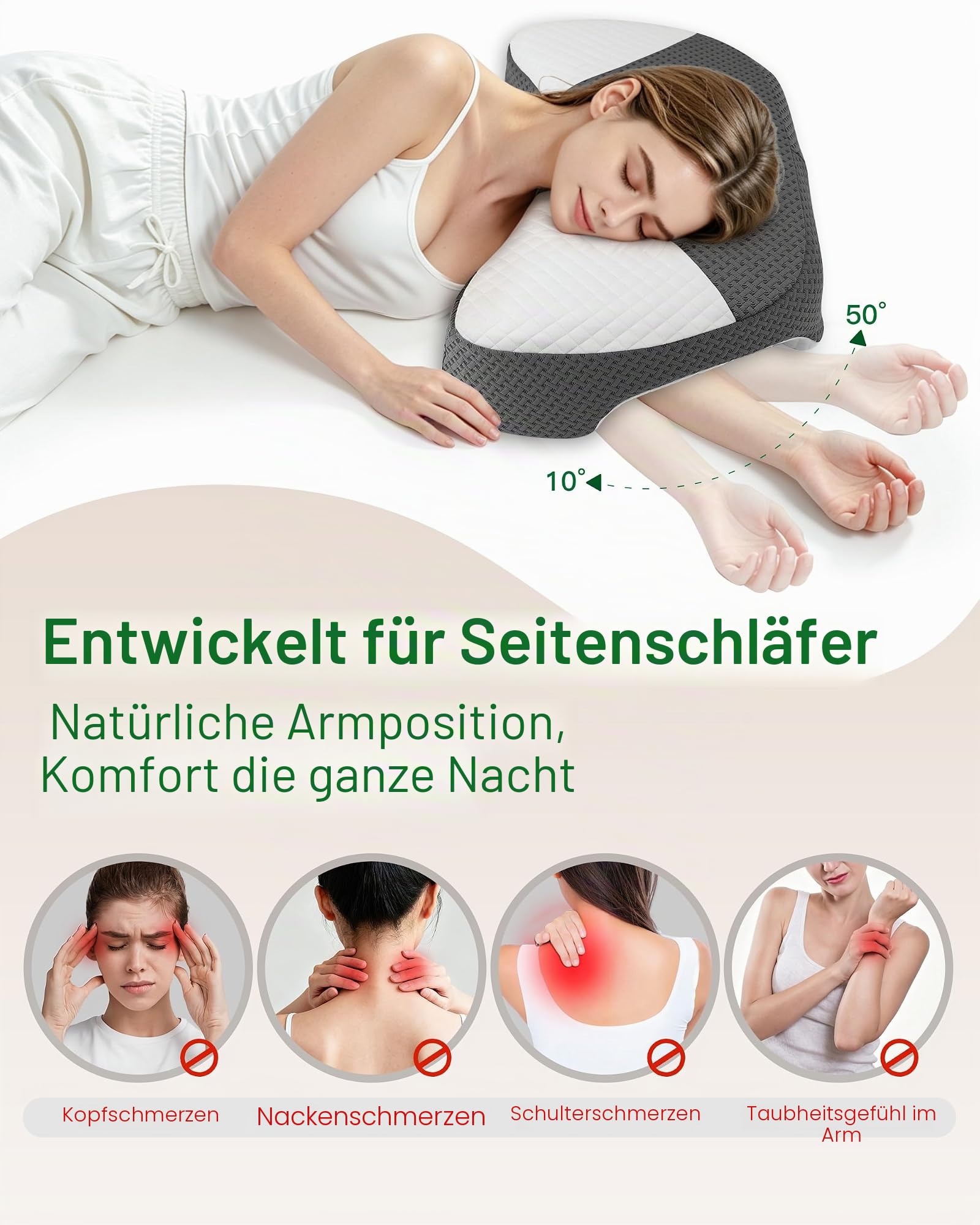 Seitenschläferkissen Memory Foam mit Armloch, 55/38x35.5x15cm | Speziell für Seitenschläfer zur Druckentlastung für Schultern & Arme, Mittelfest, CertiPUR-US Memory-Schaum, OEKO-TEX Stoff