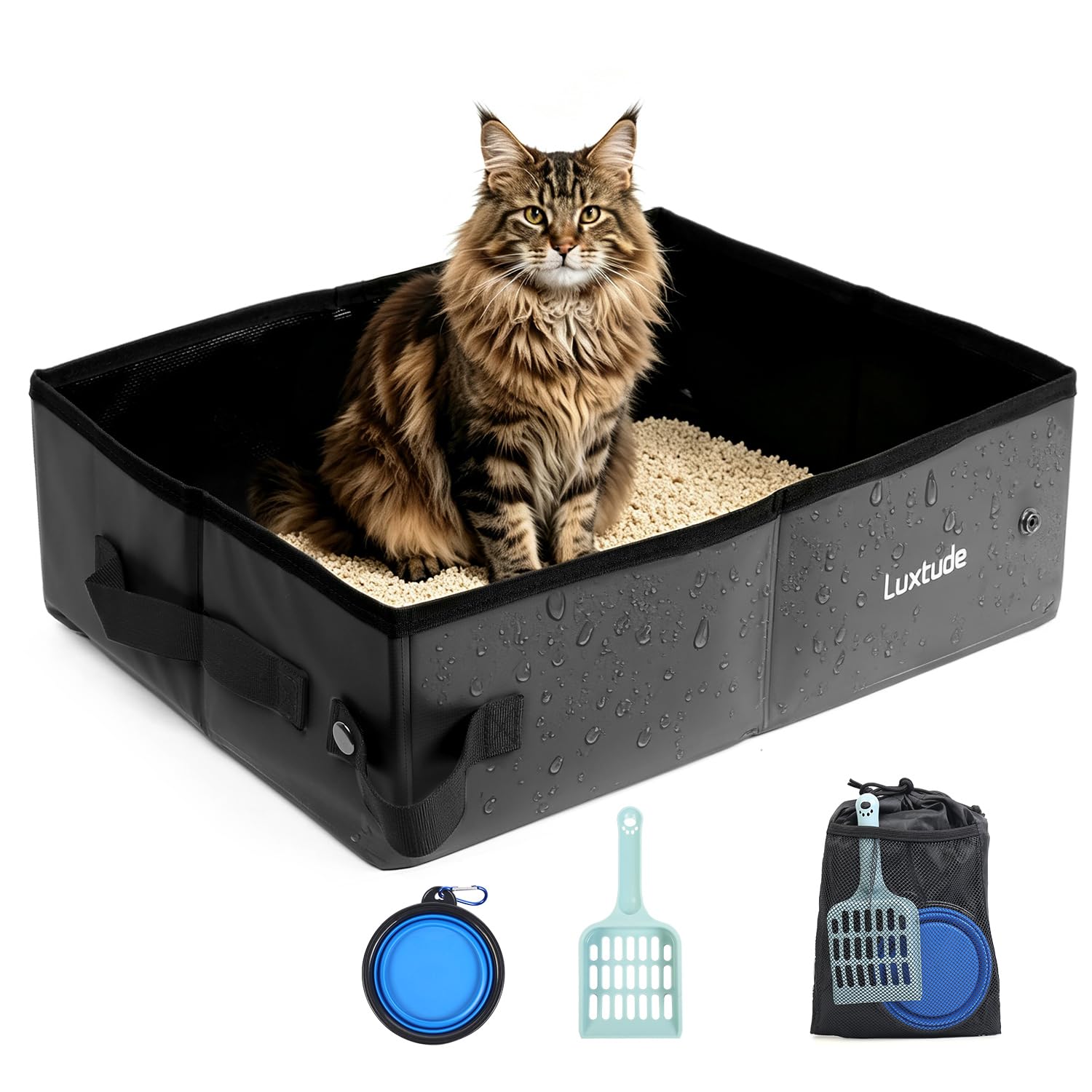 Luxtude Reise-Klo für Katzen im Auto, zusammenklappbare und tragbare Katzentoilette für Katzen, kein Geruch, wasserdicht und leicht zu reinigen, kein Auslaufen für Auto, Hotel (Schwarz, L-Open)
