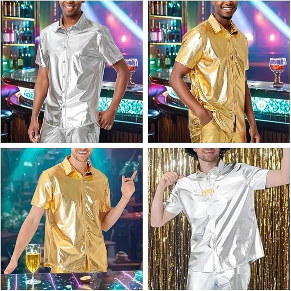 Chemise manches courtes pour hommes, chemises de soirée Disco Rock boutonnées métalliques brillantes, col revers scintillant T-shirt de smoking lisse et sans plis, hauts musculaires décontractés coupe - 2
