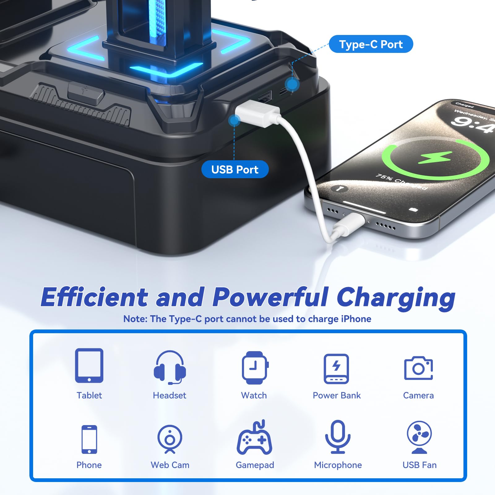 KDD Supporto Cuffie con Porte USB A&C - Supporto Controller e Ganci Rimovibili - Appendi Cuffie Girevole e Slot per Dispositivi per Telefoni/Tablet - Base con Cassetto per Scrivania, Gaming