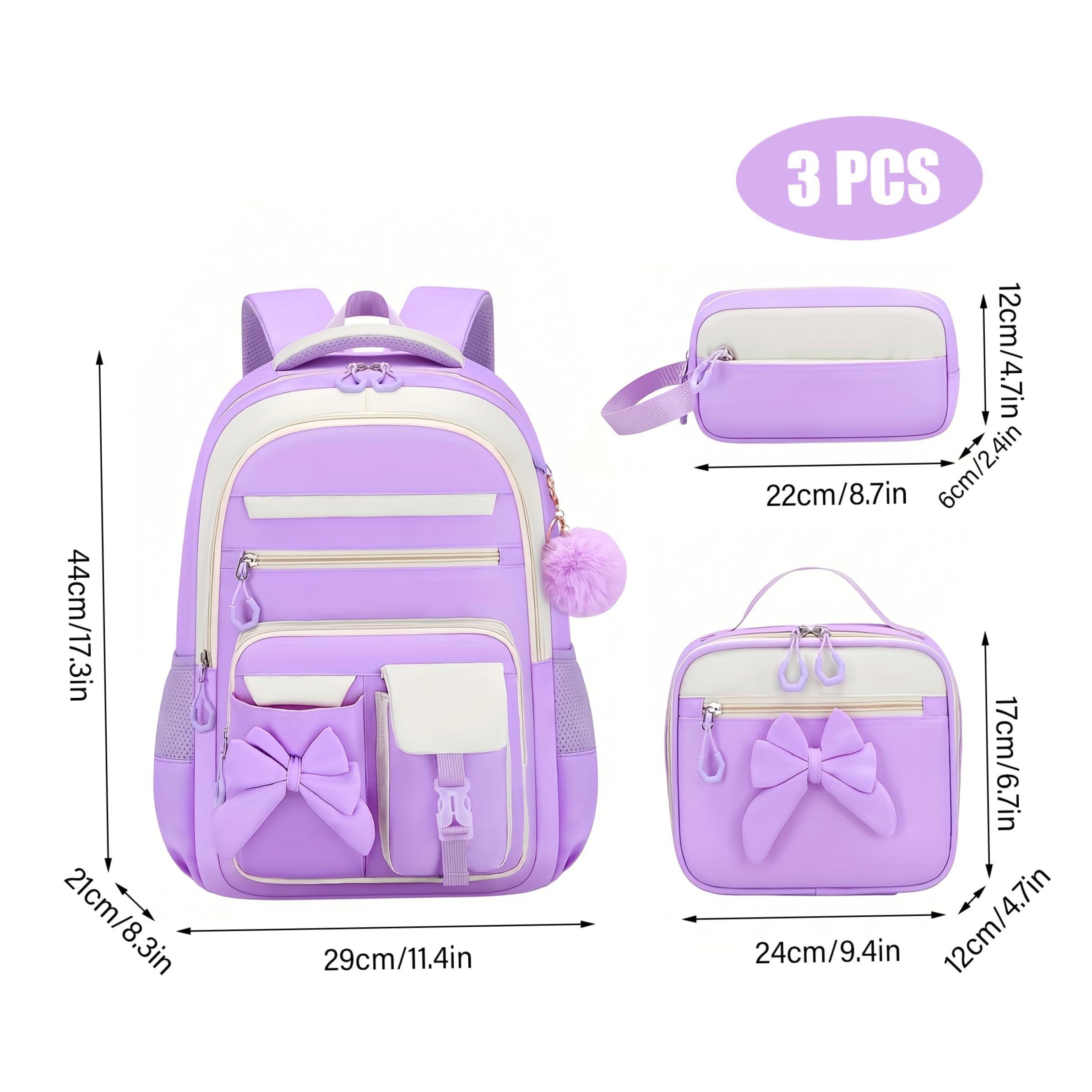 Mochila con lazo para niñas, mochila para niñas de 3 piezas para la escuela con bolsa de almuerzo, estuche para lápices, linda para niños y adolescentes, apta para jardín de infantes, prim