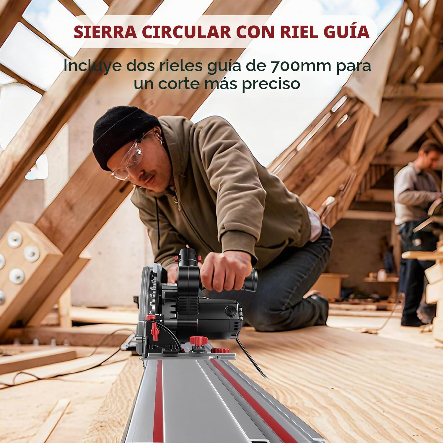 Sierra Circular 1200W con Guia de Corte, Sierras Inmersión de Mano 5000RPM, Profundidad de Corte 57mm(90°), 42mm(45°), Hoja de Sierra 165mm(40T), para Cortar Madera