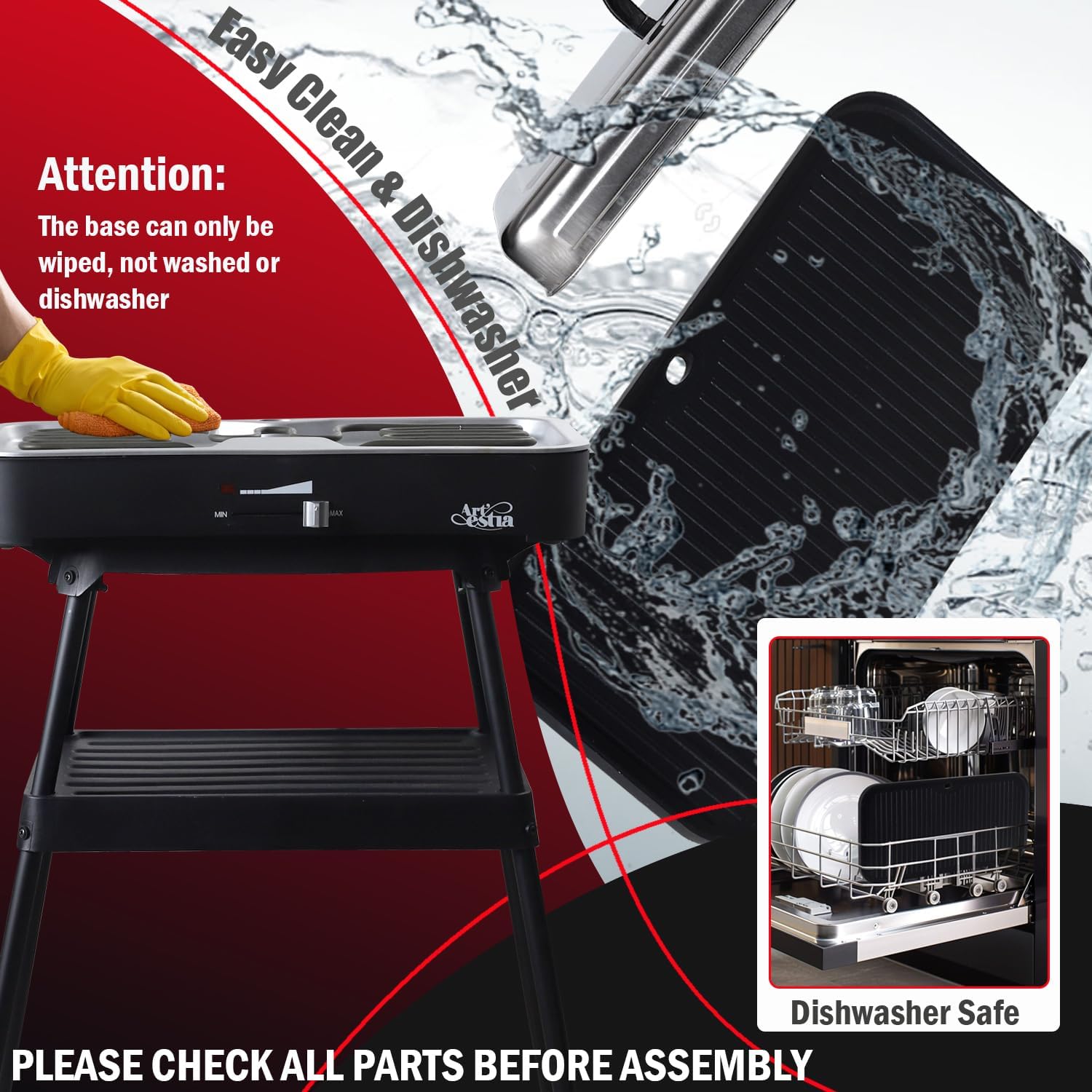 Artestia 1800W Electric Outdoor Grills with Lid Indoor Smokeless Grill for Balcony with Temperature Control Portable Removable Stand Grill for Cooking, BBQ Party, Family