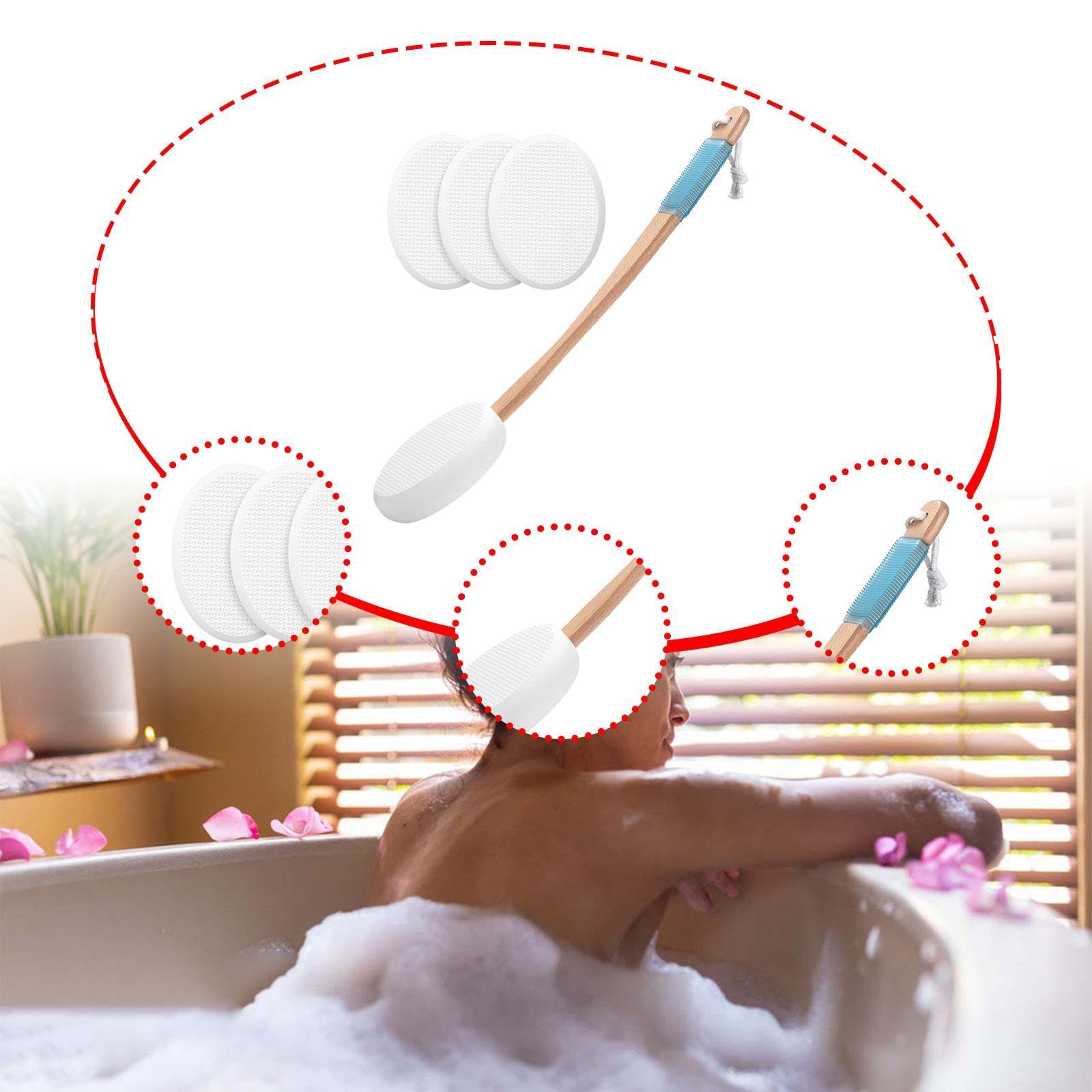 Oshhni Aplicador de loción para espalda y pies, 4 almohadillas reemplazables, ligero, de largo alcance y mango de madera largo para aplicar crema