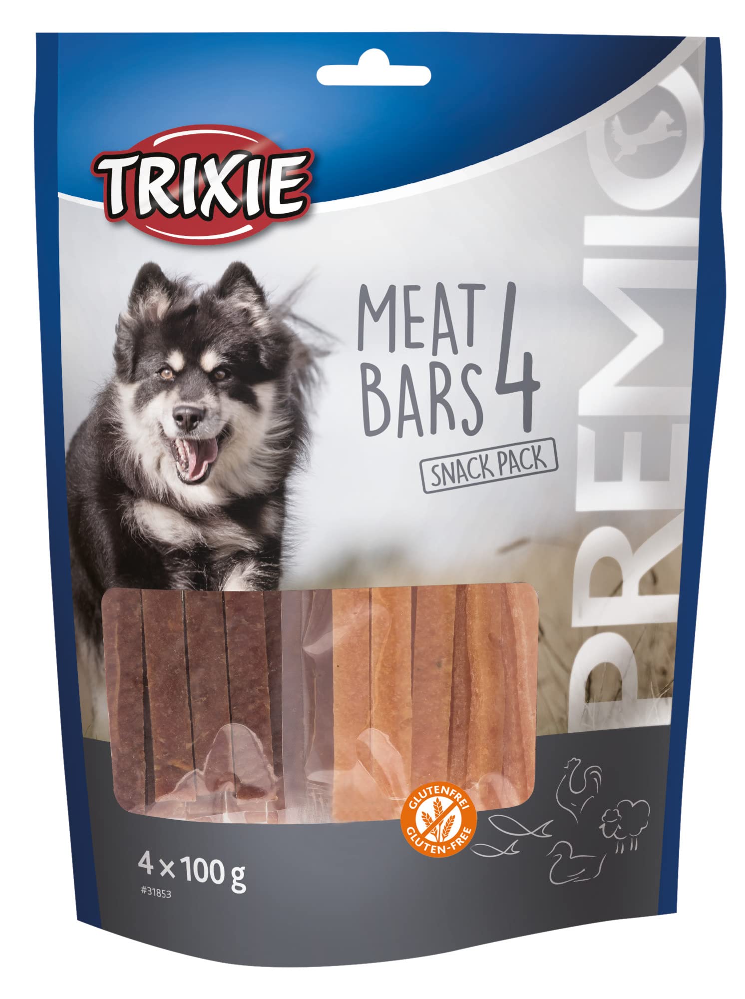 TRIXIE PREMIO 4 Meat Bars, Pollo-Pato-Cordero-Salmón, 4 × 100 g, Perro