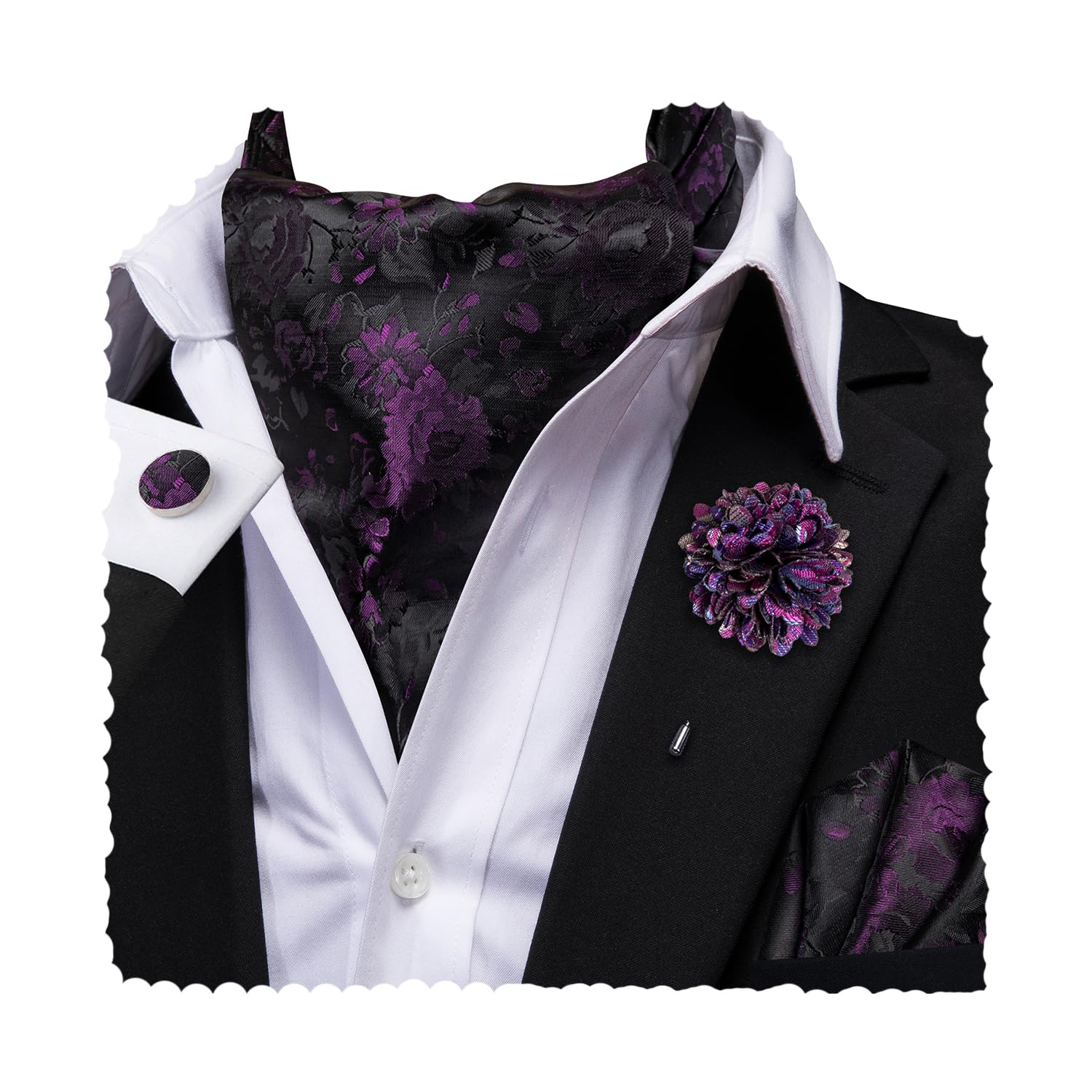 Hi-Tie Silk Ascot for Men Self Tie Men's Cravat and Flower Lapel Pin Handkerchief Cufflinks Set for Wedding Party