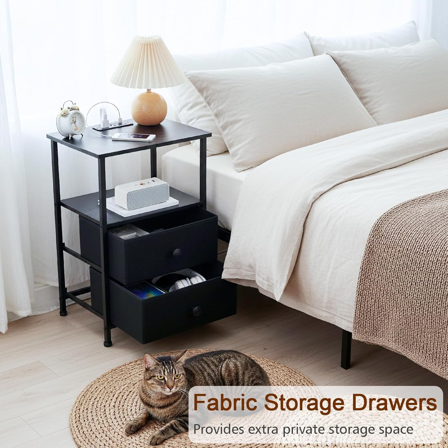 Night Stand Set 2, LED Nightstand with Charging Station, End Tables with Storage Shelf, Bed Side Table with 2 Fabric Drawers for Bedroom, Small Spaces, Black, HETS02BK