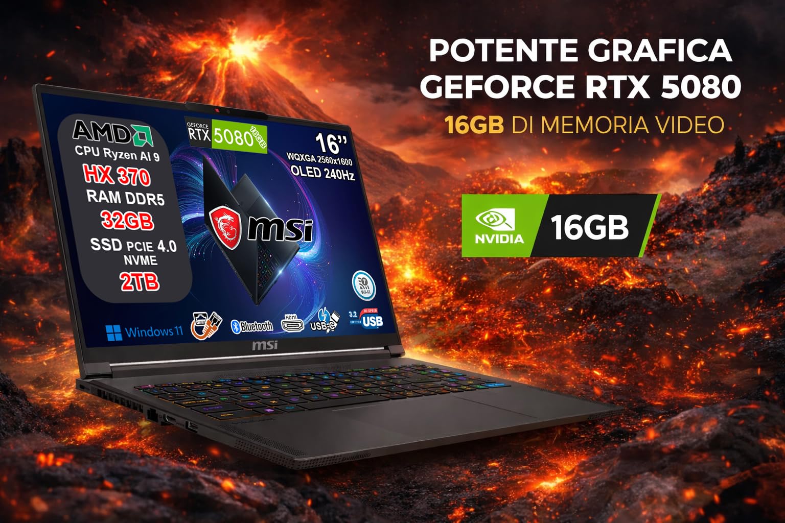 msi Stealth A16 AI+ Notebook Gaming Ryzen AI 9 HX 370, RTX 5080 16GB GDDR7, 32GB RAM, 2TB SSD, 16" QHD+ OLED HDR 240Hz 100% DCI-P3, Thunderbolt 4, Wi-Fi 7, Tastiera RGB, Fingerprint, Windows 11