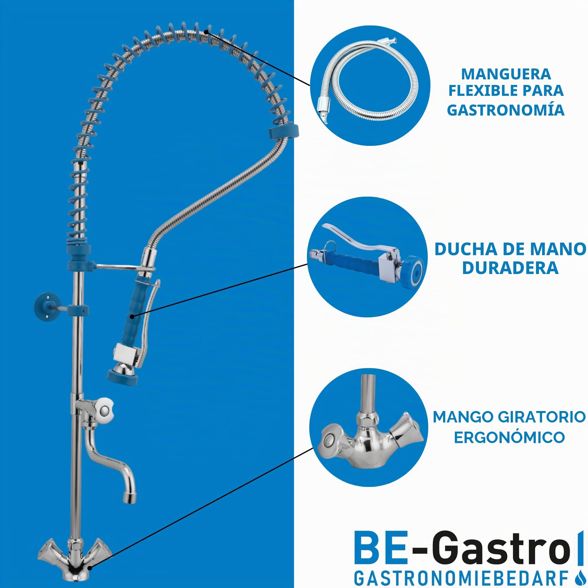 BE-GASTRO I Grifo Industrial Hostelería - Grifo monomando para fregadero (con grifo, grifo mezclador y mango giratorio ergonómico), color azul