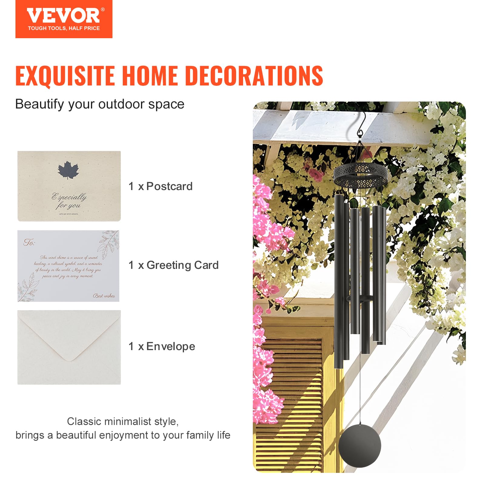 VEVOR Windspiel, 58 Zoll, Windspiel mit tiefem Ton und 6 Röhren, einzigartiges großes Gedenk-Windspiel zum Jahrestag, tolle Außendekoration für Terrasse, Veranda, Garten und Hinterhof, schwarz