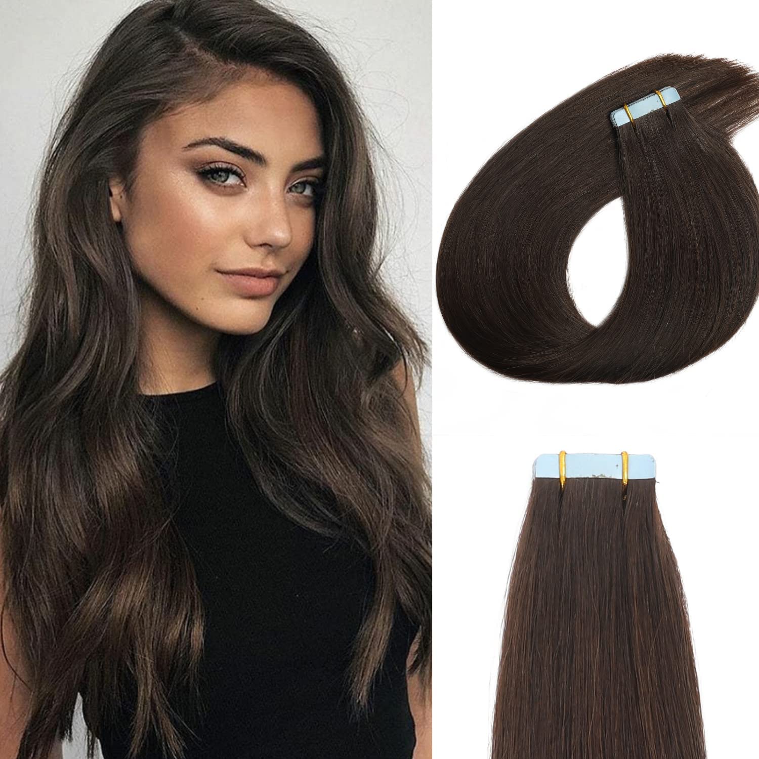 24 inch Semi-permanent Tape Attached Real Remi Remy 100 Human Hair Tape in Extensions 40g 20pcs Invisible Seamless Reusable Skin Weft Dark Brown #2