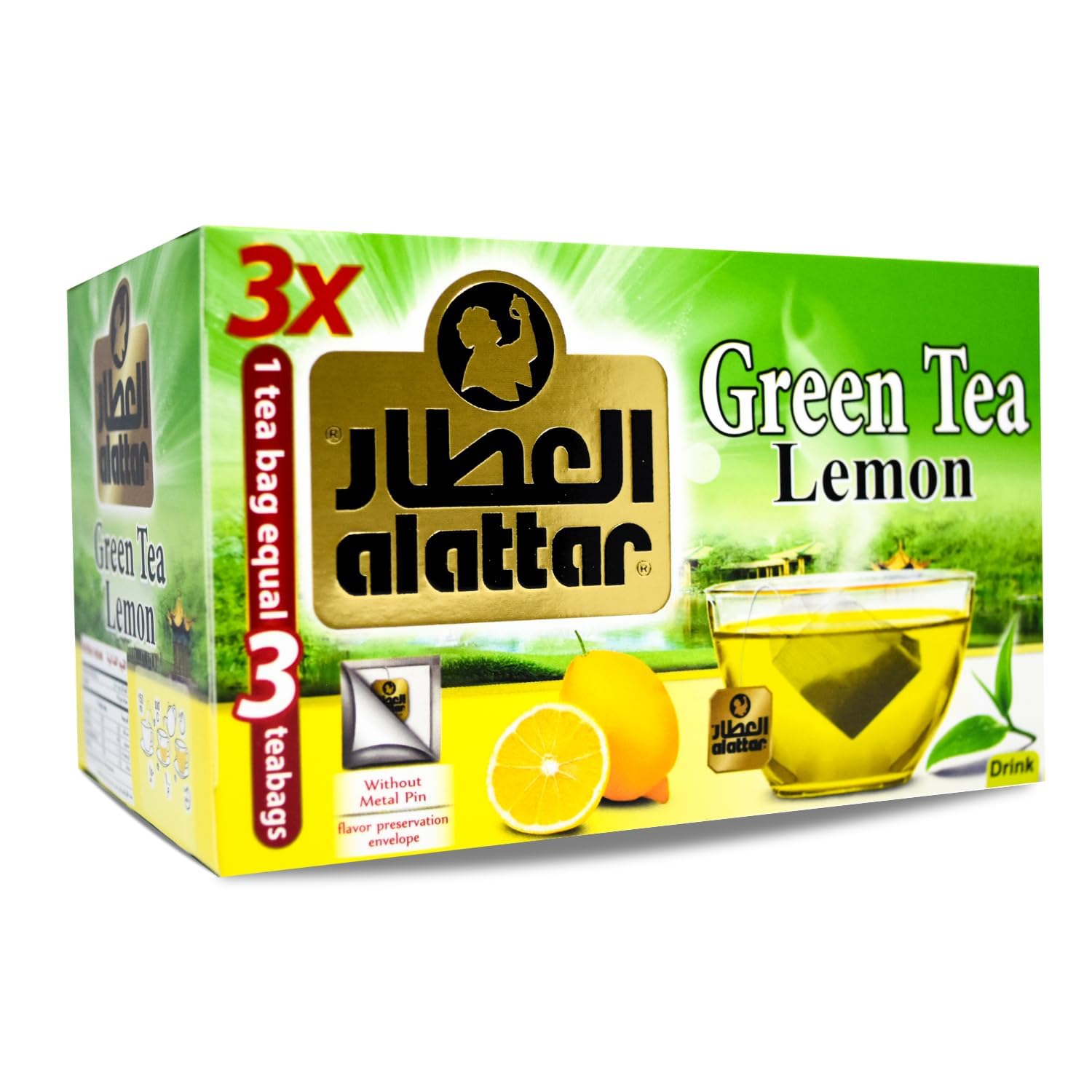 bonballoon Alattar Green Tea Lemon Natural Drink Herbal Tea Bags Al Attar Herbals Herb Herbs No Gmo No Additives No Artificial Coloring Kosher Halal (20 Bag) العطار شاى اخضر ليمون حلال