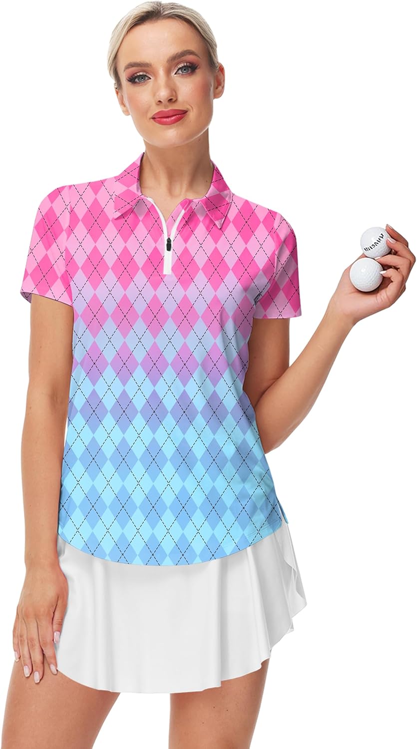 AOBUTE Women's Short Sleeve Golf Shirts Gradient 1/4 Zip Tennis Shirt - Image 5