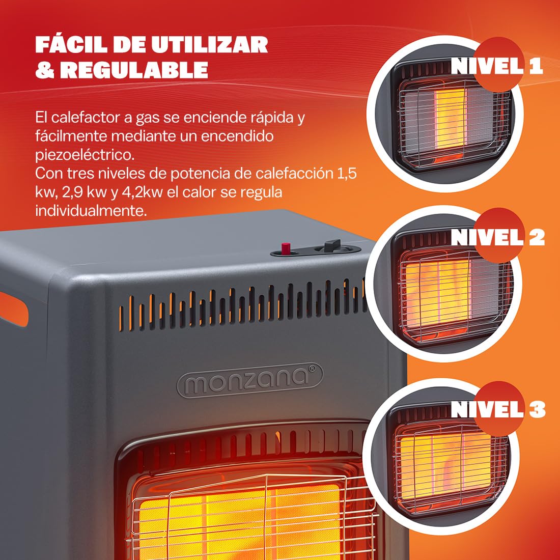 MONZANA® Calefactor de Gas 4200W Estufa Cerámica Regulador de Presión Bajo Consumo Camping Chimenea Móvil