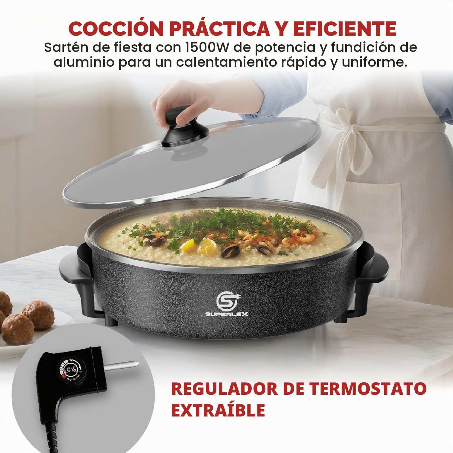 Sartén multifunción de 9,6 litros, con tapa, 42 x 7 cm, 1500 W, sartén eléctrica para pizza, sartén eléctrica para fiestas