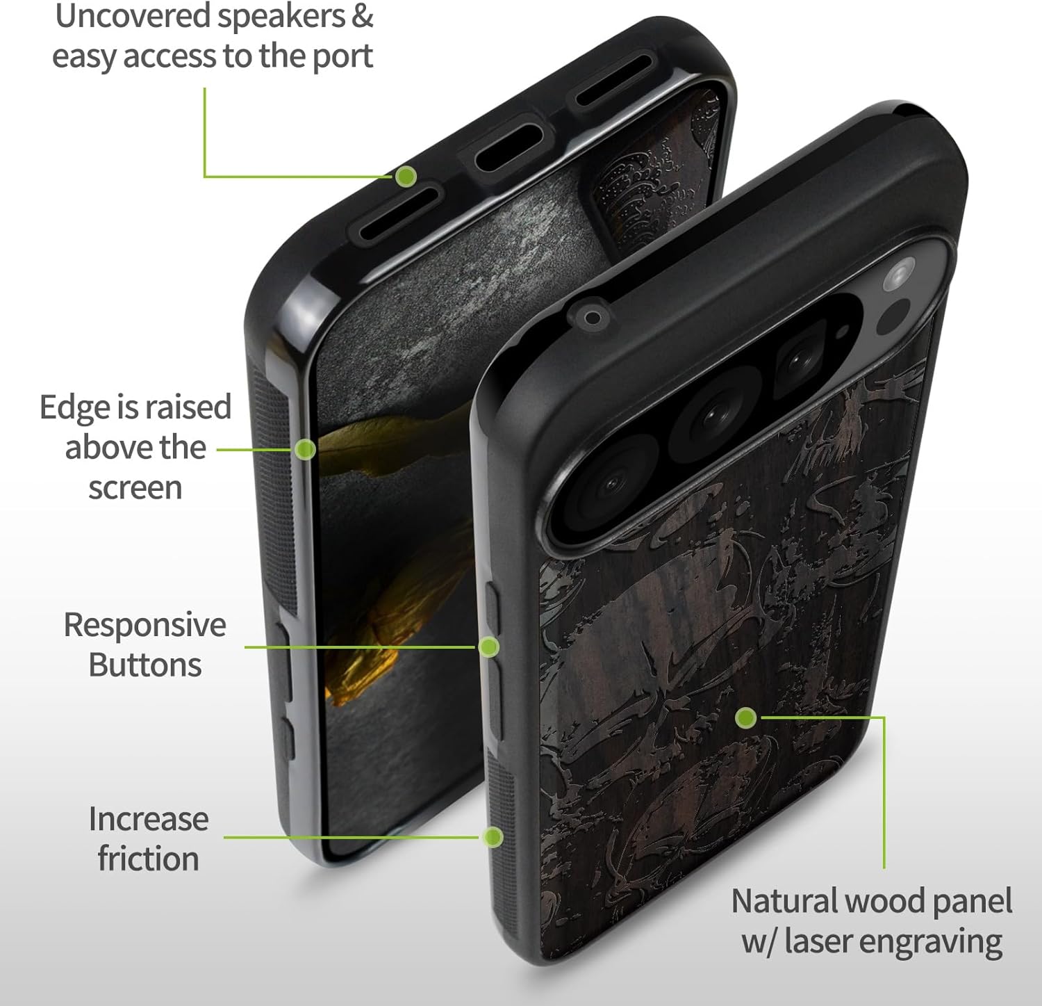 Carveit Magnetic Wooden Case for Google Pixel 10 Pro XL Case, Wood Artisan Engraved & Soft TPU Shockproof Cover, Compatible with MagSafe Wireless Chargers (Grunge Style Skull Pattern) Blackwood