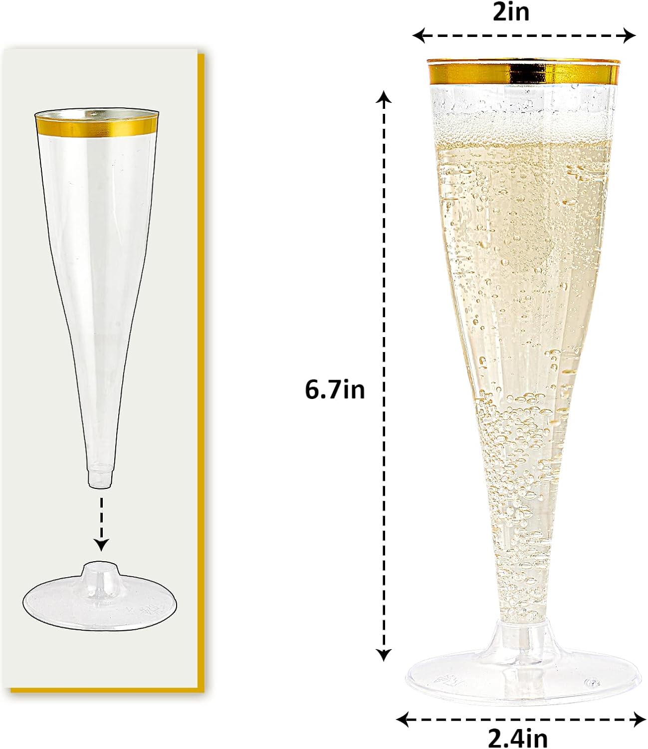 JOLLY CHEF 36 Plastic Champagne Flutes 4.5 oz Gold Rim Clear Plastic Toasting Glasses Disposable Wedding Party Plastic Champagne Glasses Perfect for Wedding, Thanksgiving Day, Christmas